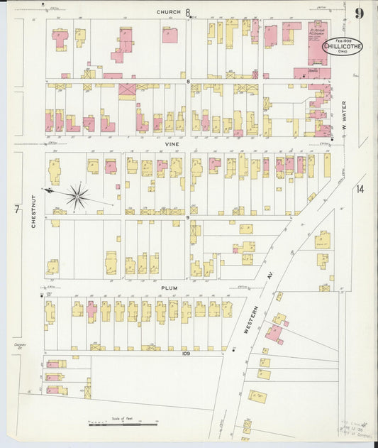 Sanborn Fire Insurance Map from Chillicothe, Ross County, Ohio (1909), Sheet #0009 - Historic Sanborn Fire Insurance Map Print, vintage old map wall art, antique decor, genealogy gift, Ohio Ohio map