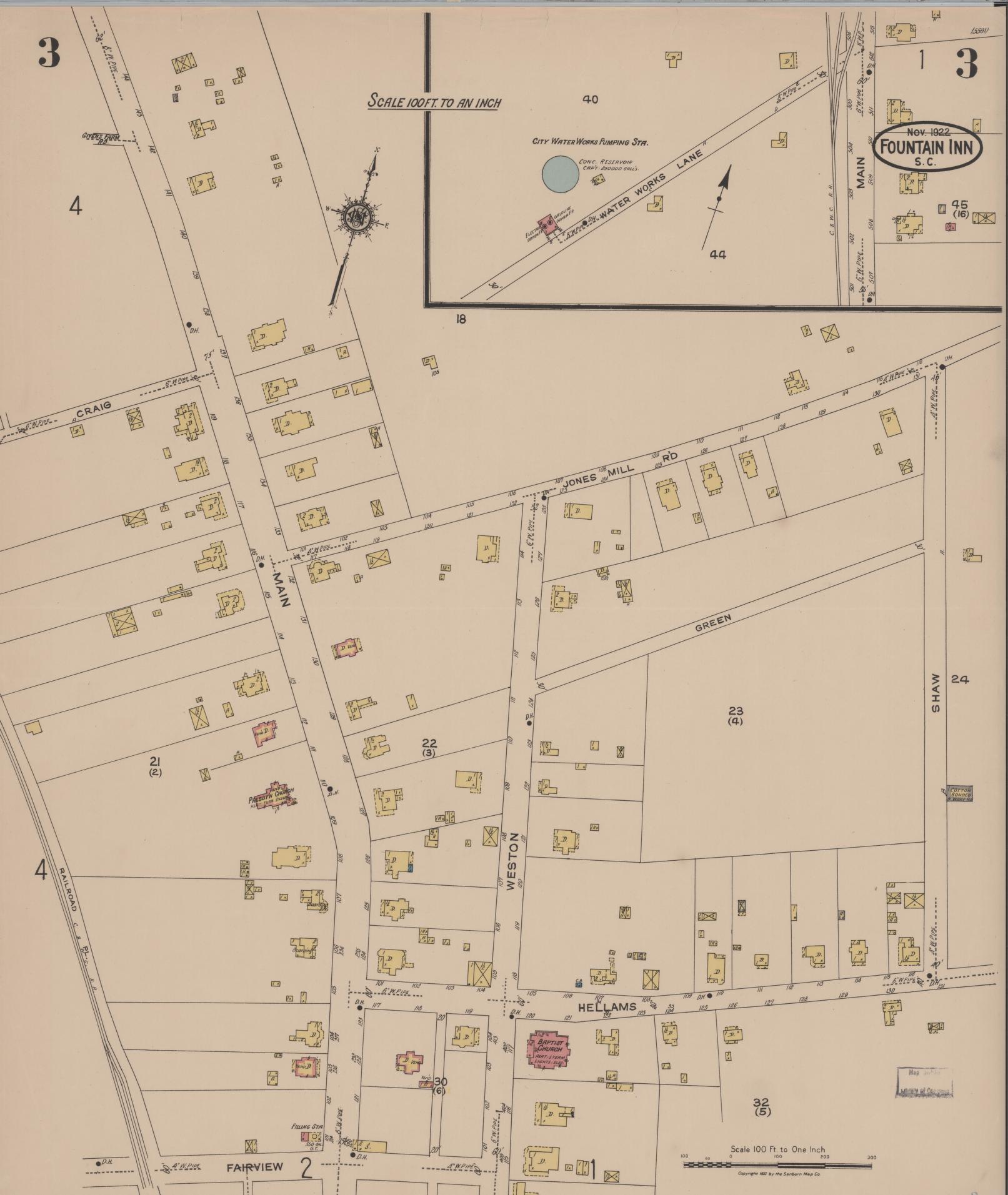 Sanborn Fire Insurance Map from Fountain Inn, Greenville And Laurens County, South Carolina (1922), Sheet #0003 - Complete Map Set gallery image, historic Sanborn map, vintage wall art, South Carolina South Carolina