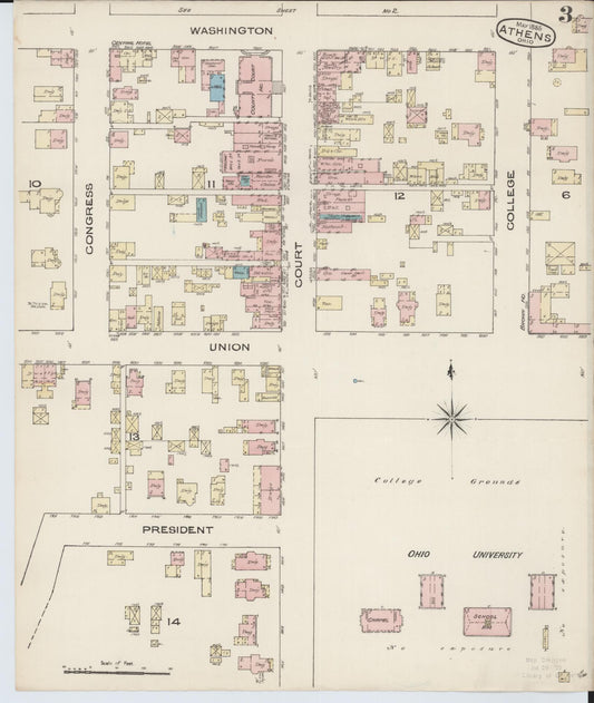 Sanborn Fire Insurance Map from Athens, Athens County, Ohio (1885), Sheet #0003 - Historic Sanborn Fire Insurance Map Print, vintage old map wall art, antique decor, genealogy gift, Ohio Ohio map