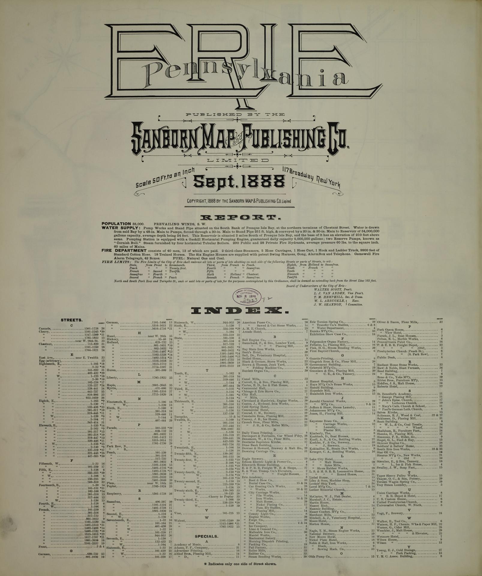 Sanborn Fire Insurance Map from Erie, Erie County, Pennsylvania (1888), Sheet #0001 - Historic Sanborn Fire Insurance Map Print, vintage old map wall art, antique decor, genealogy gift, Pennsylvania Pennsylvania map