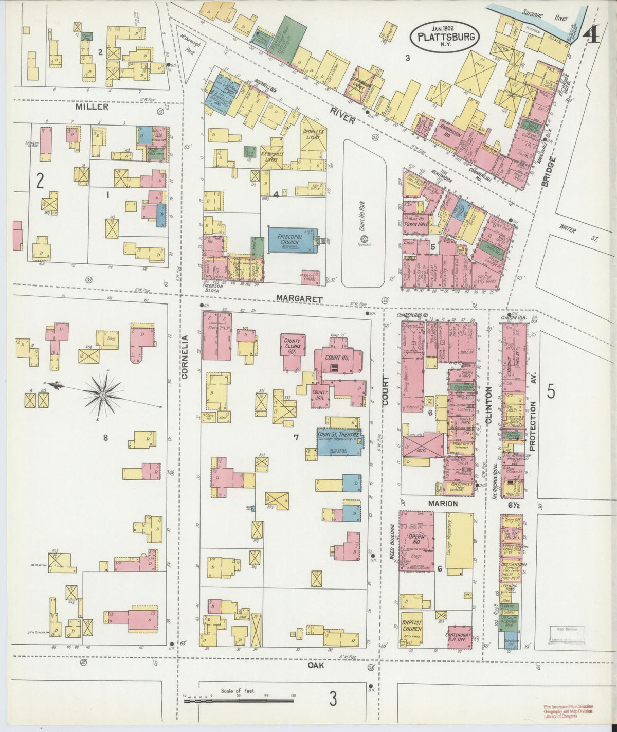 Sanborn Fire Insurance Map from Plattsburg, Clinton County, New York (1902), Sheet #0004 - Historic Sanborn Fire Insurance Map Print, vintage old map wall art, antique decor, genealogy gift, New York New York map