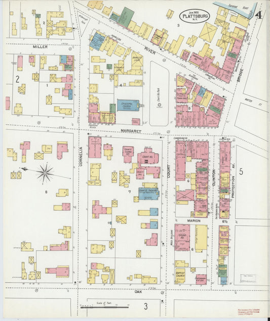 Sanborn Fire Insurance Map from Plattsburg, Clinton County, New York (1902), Sheet #0004 - Historic Sanborn Fire Insurance Map Print, vintage old map wall art, antique decor, genealogy gift, New York New York map