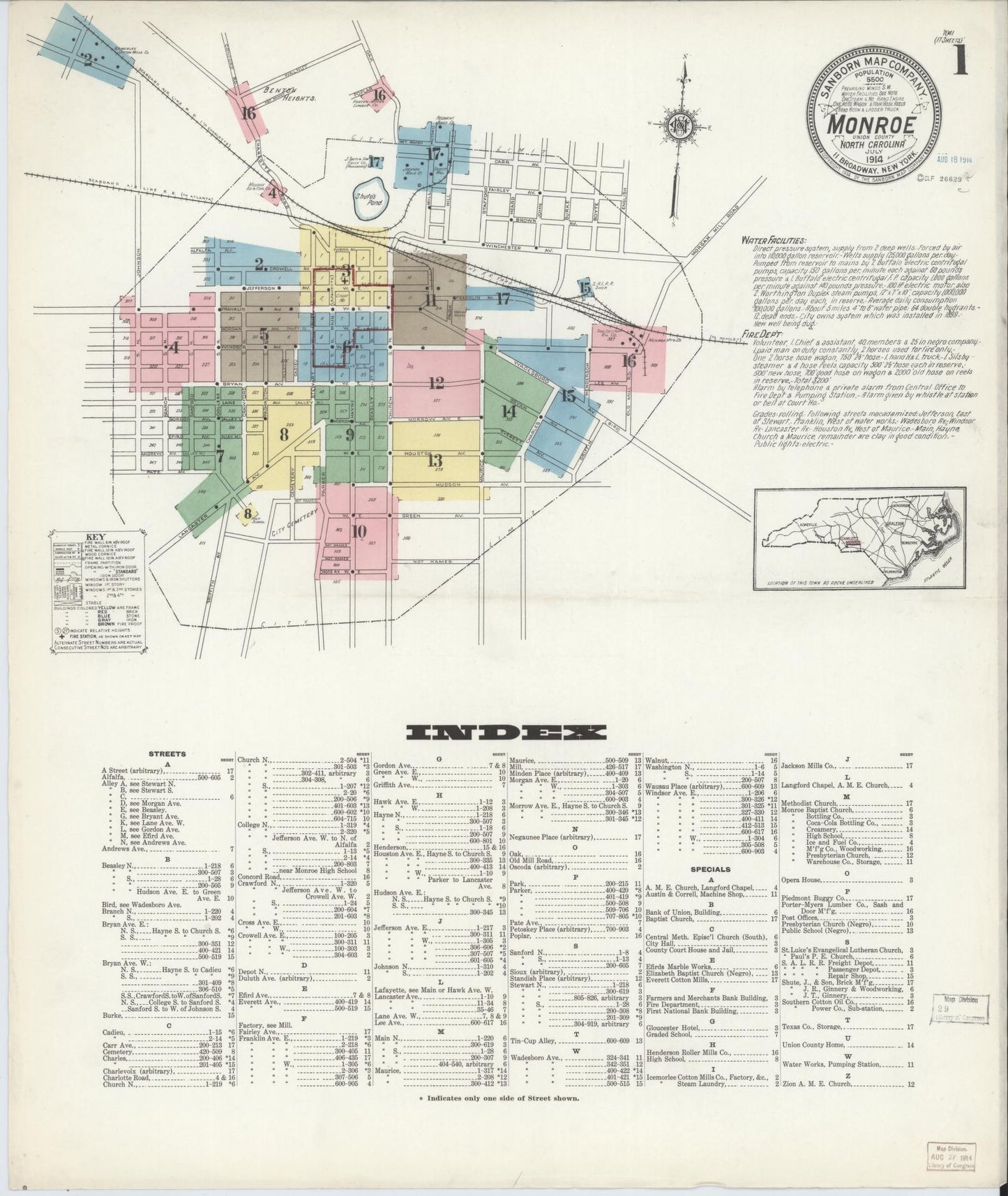 Sanborn Fire Insurance Map from Monroe, Union County, North Carolina (1914), Sheet #0001 - Complete Map Set gallery image, historic Sanborn map, vintage wall art, North Carolina North Carolina