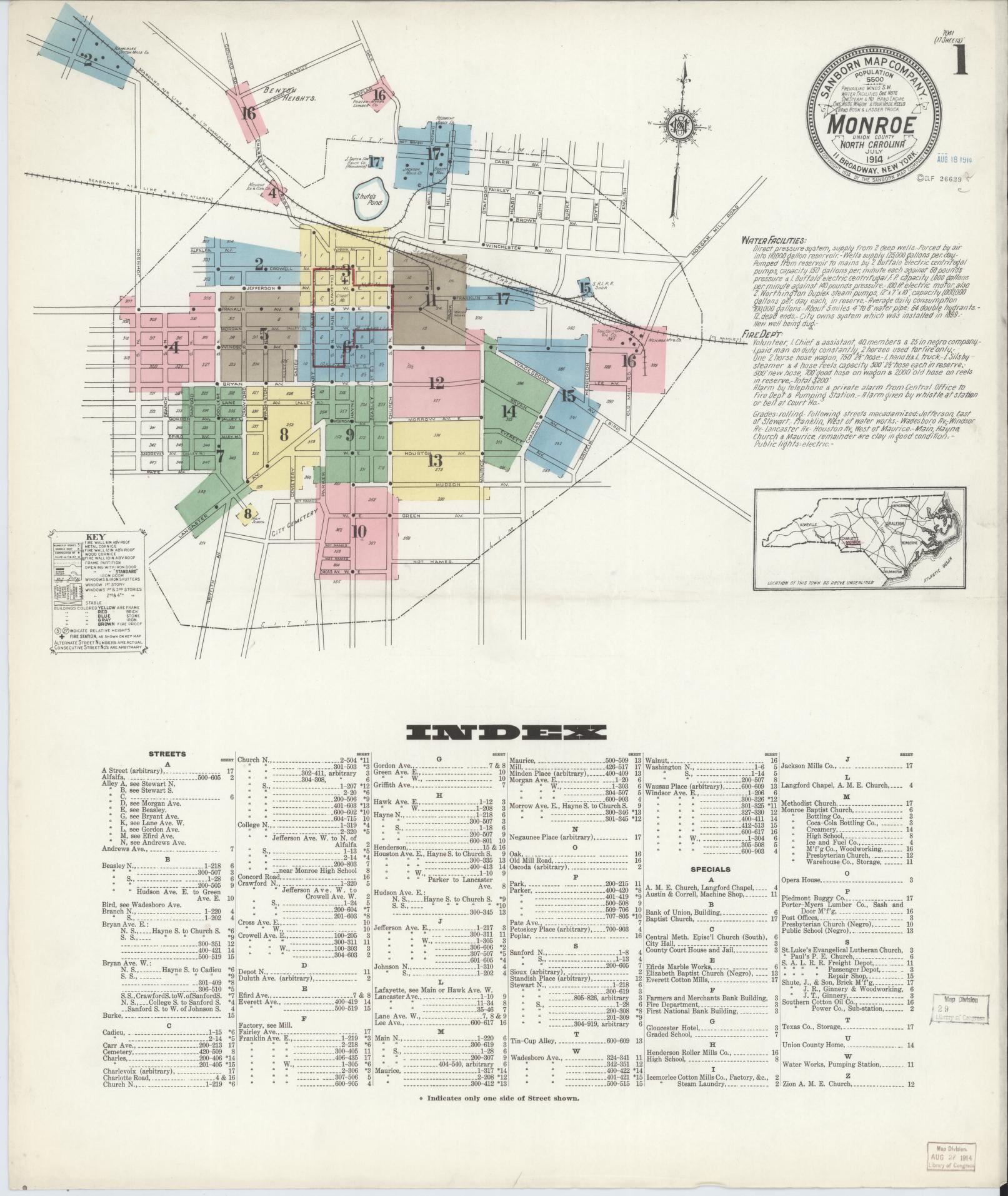 Sanborn Fire Insurance Map from Monroe, Union County, North Carolina (1914), Sheet #0001 - Complete Map Set gallery image, historic Sanborn map, vintage wall art, North Carolina North Carolina