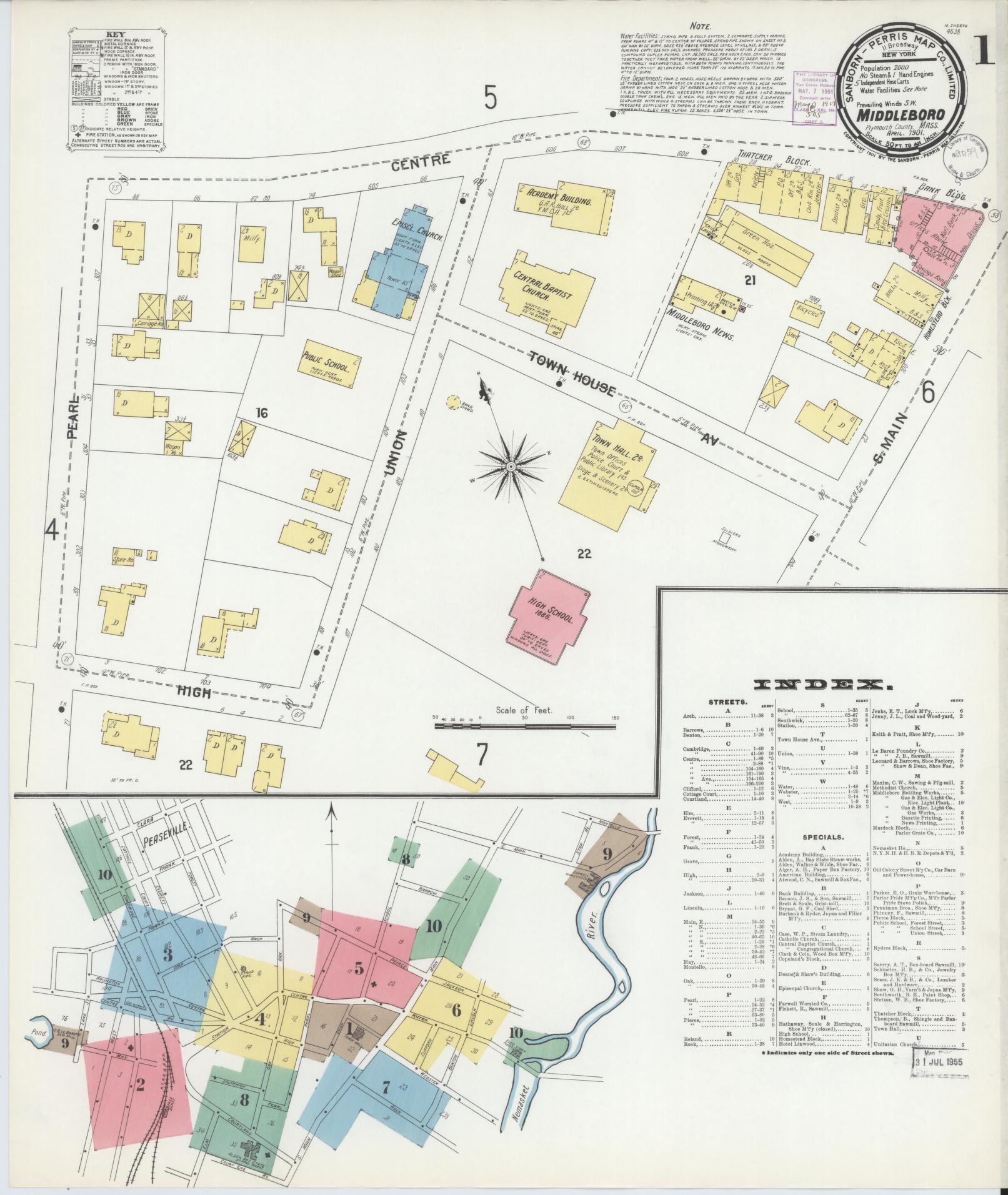 Sanborn Fire Insurance Map from Middleboro, Plymouth County, Massachusetts (1901), Sheet #0001 - Complete Map Set gallery image, historic Sanborn map, vintage wall art, Massachusetts Massachusetts