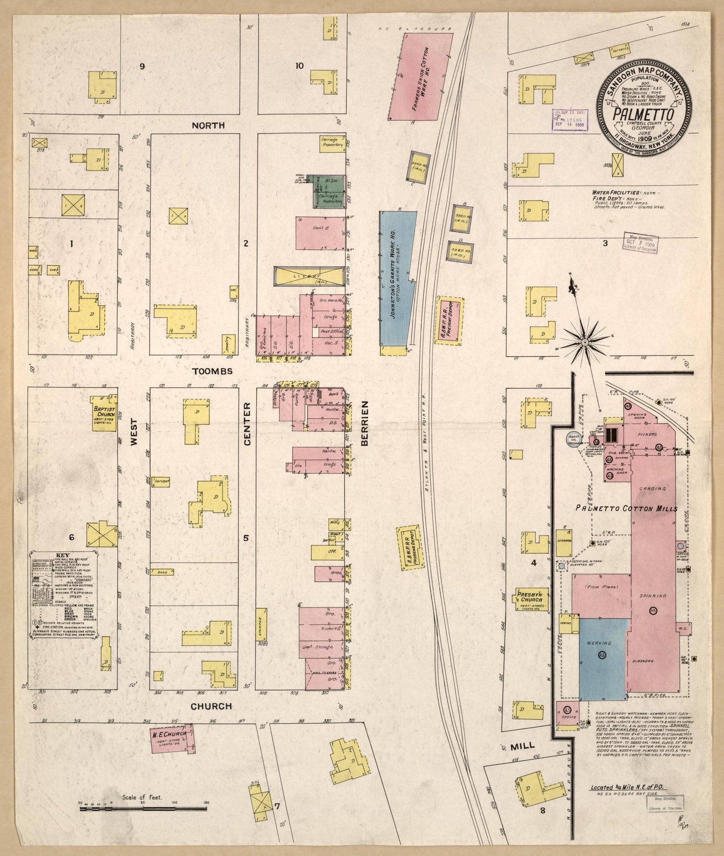 Sanborn Fire Insurance Map from Palmetto, Fulton County, Georgia (1909), Sheet #0001 - Historic Sanborn Fire Insurance Map Print, vintage old map wall art, antique decor, genealogy gift, Georgia Georgia map