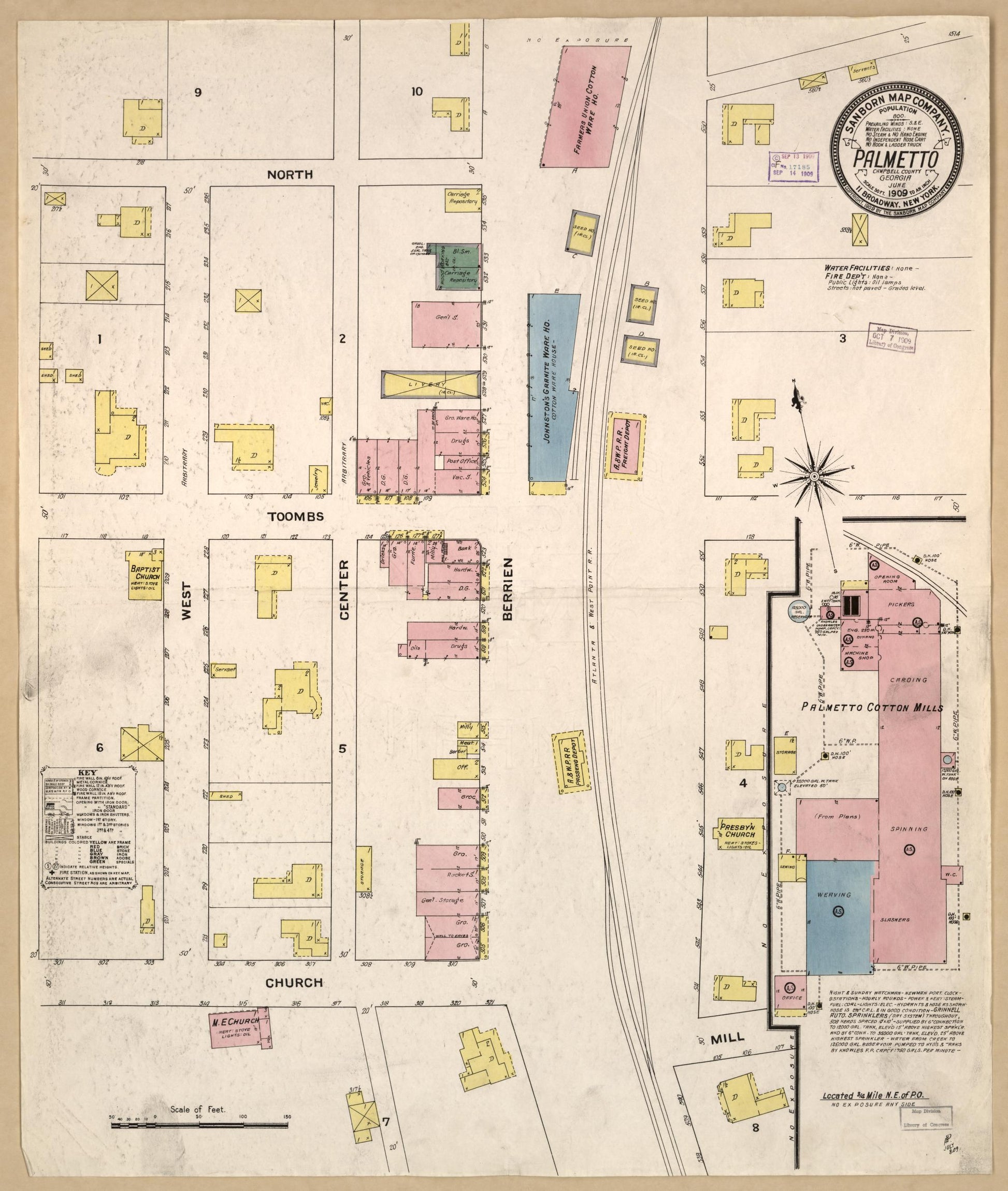 Sanborn Fire Insurance Map from Palmetto, Fulton County, Georgia (1909), Sheet #0001 - Historic Sanborn Fire Insurance Map Print, vintage old map wall art, antique decor, genealogy gift, Georgia Georgia map