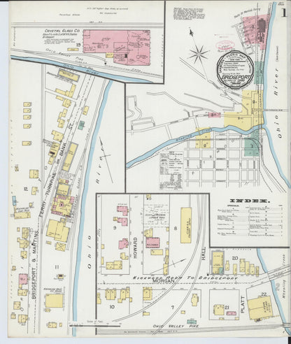 Sanborn Fire Insurance Map from Bridgeport, Belmont County, Ohio (1893), Sheet #0001 - Historic Sanborn Fire Insurance Map Print, vintage old map wall art, antique decor, genealogy gift, Ohio Ohio map