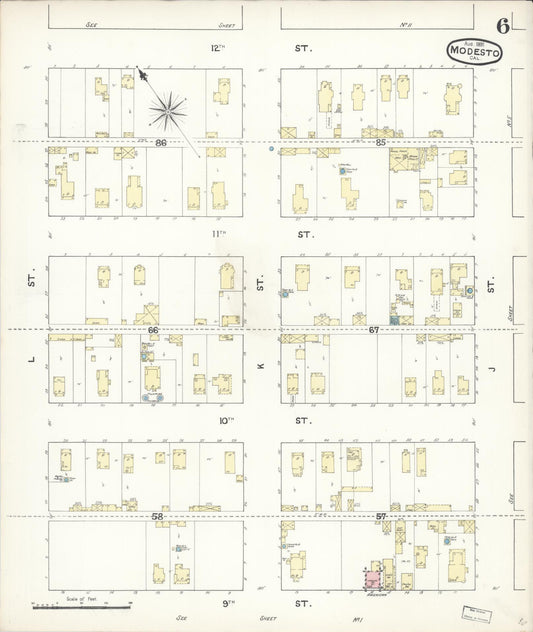 Sanborn Fire Insurance Map from Modesto, Stanislaus County, California (1891), Sheet #0006 - Historic Sanborn Fire Insurance Map Print, vintage old map wall art, antique decor, genealogy gift, California California map