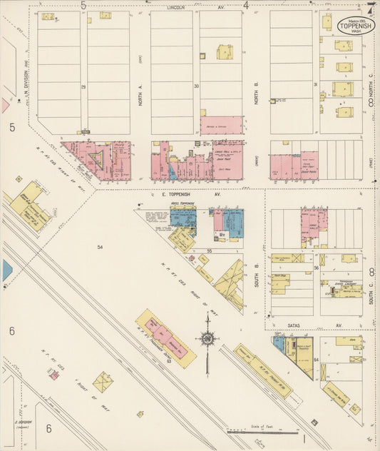Sanborn Fire Insurance Map from Toppenish, Yakima County, Washington (1915), Sheet #0007 - Historic Sanborn Fire Insurance Map Print, vintage old map wall art, antique decor, genealogy gift, Washington Washington map