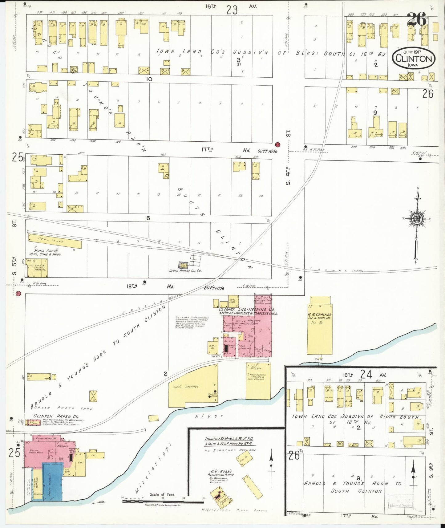 Sanborn Fire Insurance Map from Clinton, Clinton County, Iowa (1917), Sheet #0026 - Historic Sanborn Fire Insurance Map Print, vintage old map wall art