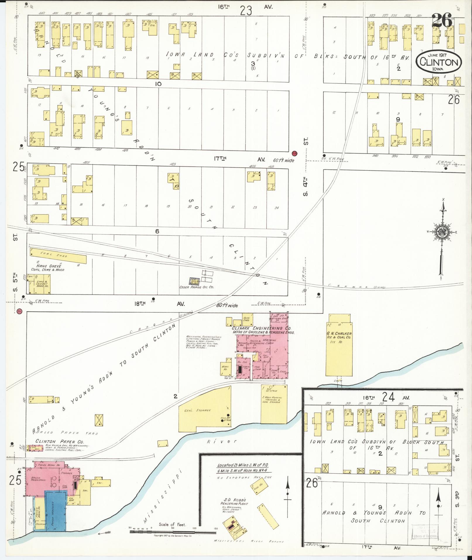 Sanborn Fire Insurance Map from Clinton, Clinton County, Iowa (1917), Sheet #0026 - Historic Sanborn Fire Insurance Map Print, vintage old map wall art