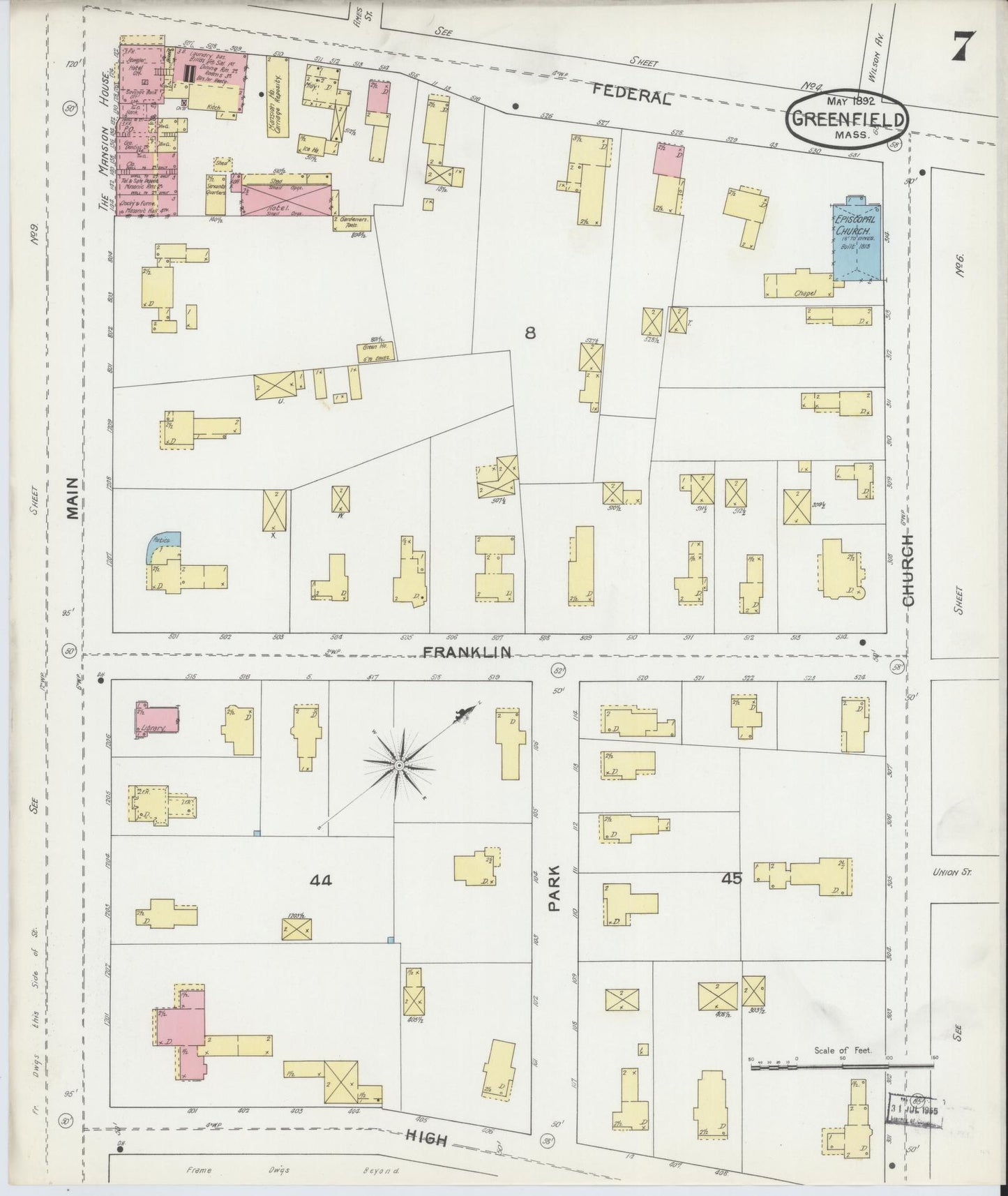 Sanborn Fire Insurance Map from Greenfield, Franklin County, Massachusetts (1892), Sheet #0007 - Historic Sanborn Fire Insurance Map Print, vintage old map wall art, antique decor, genealogy gift, Massachusetts Massachusetts map