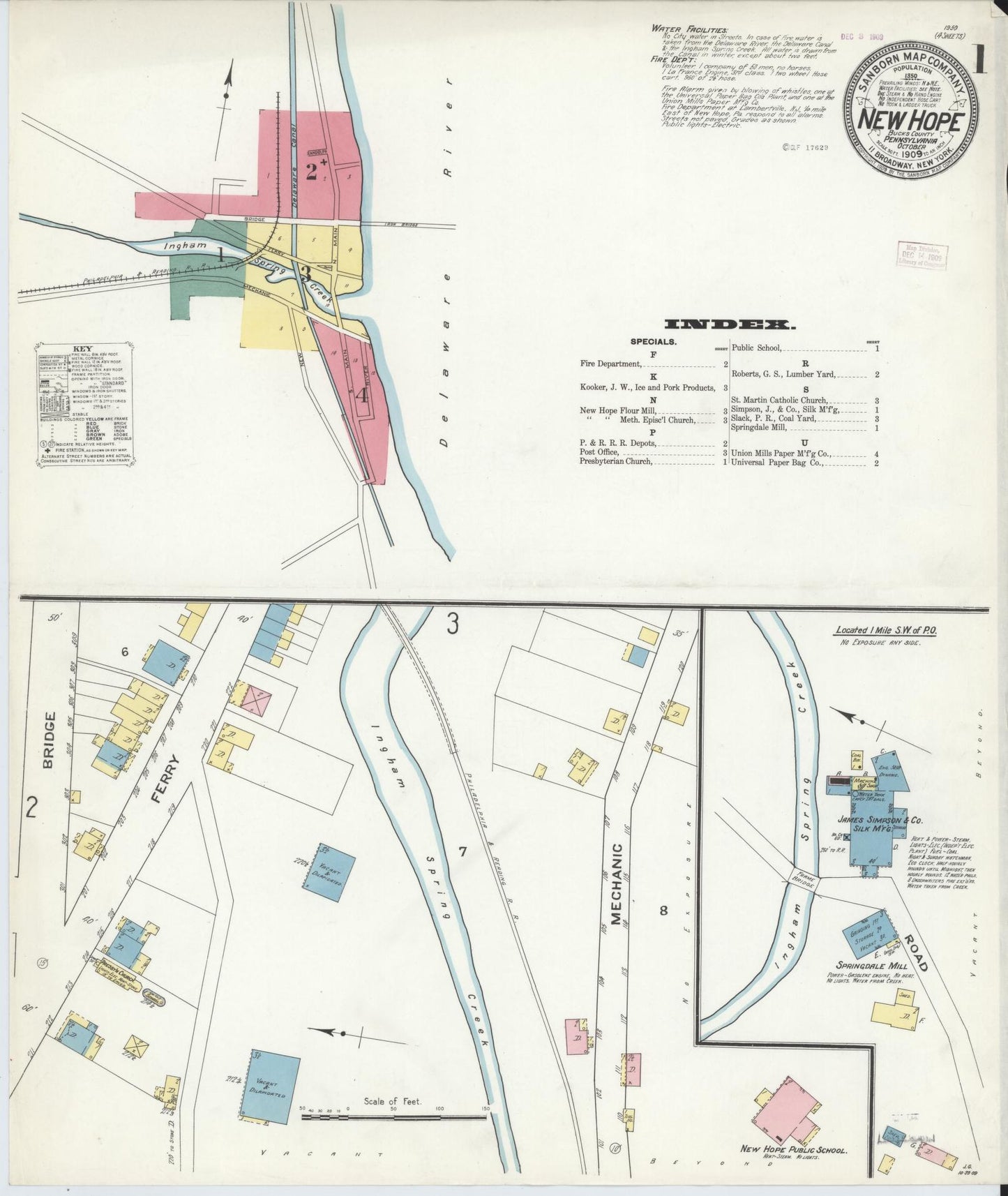 Sanborn Fire Insurance Map from New Hope, Bucks County, Pennsylvania (1909), Sheet #0001 - Complete Map Set gallery image, historic Sanborn map, vintage wall art, Pennsylvania Pennsylvania