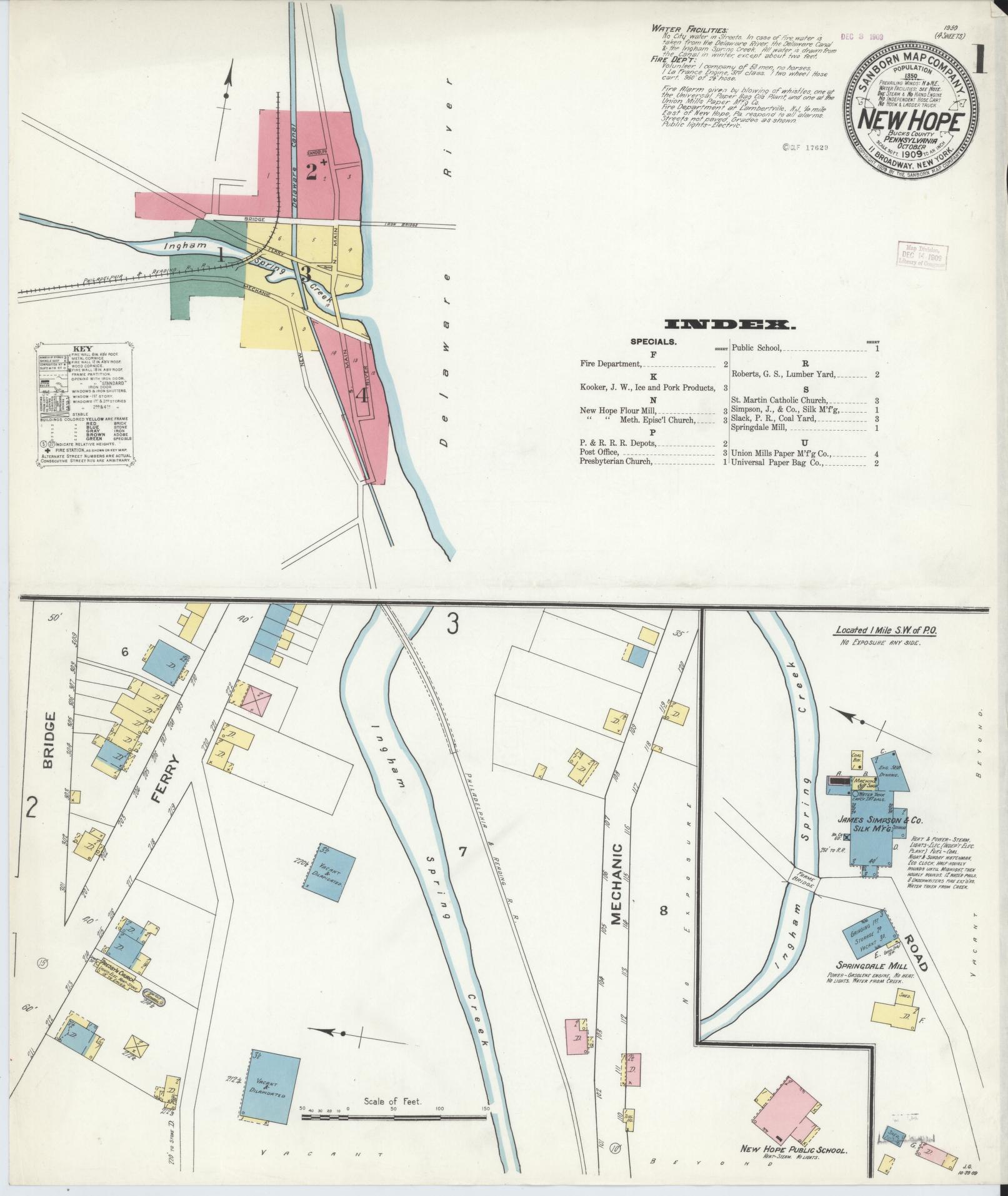 Sanborn Fire Insurance Map from New Hope, Bucks County, Pennsylvania (1909), Sheet #0001 - Complete Map Set gallery image, historic Sanborn map, vintage wall art, Pennsylvania Pennsylvania
