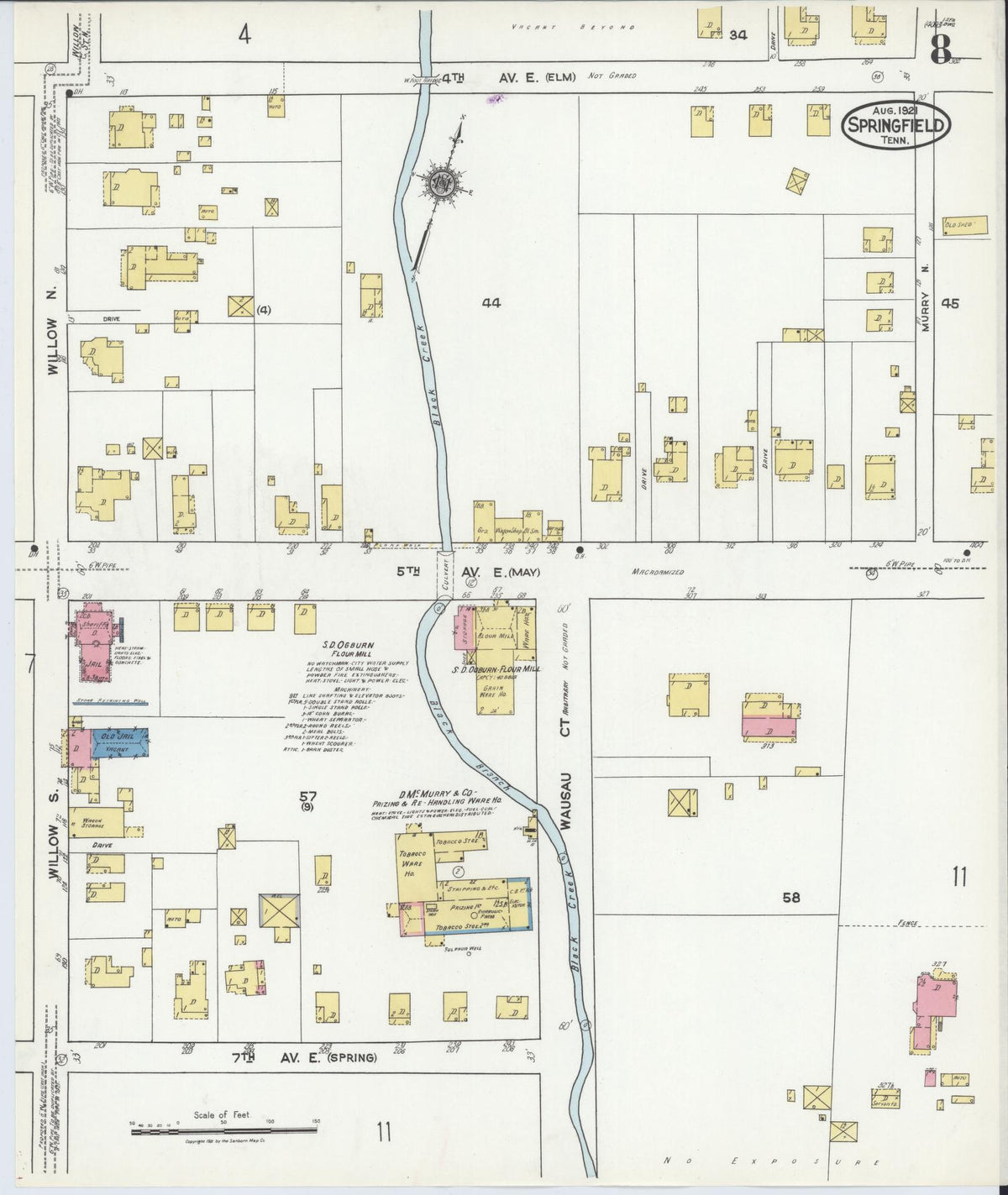 Sanborn Fire Insurance Map from Springfield, Robertson County, Tennessee (1921), Sheet #0008 - Historic Sanborn Fire Insurance Map Print, vintage old map wall art, antique decor, genealogy gift, Tennessee Tennessee map