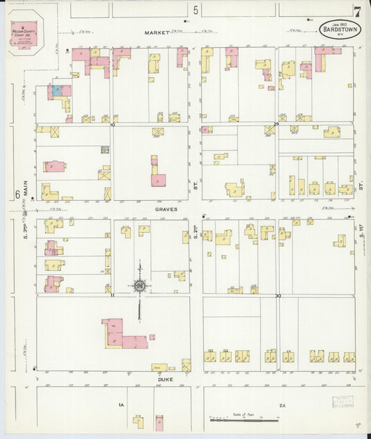 Sanborn Fire Insurance Map from Bardstown, Nelson County, Kentucky (1910), Sheet #0007 - Historic Sanborn Fire Insurance Map Print, vintage old map wall art, antique decor, genealogy gift, Kentucky Kentucky map