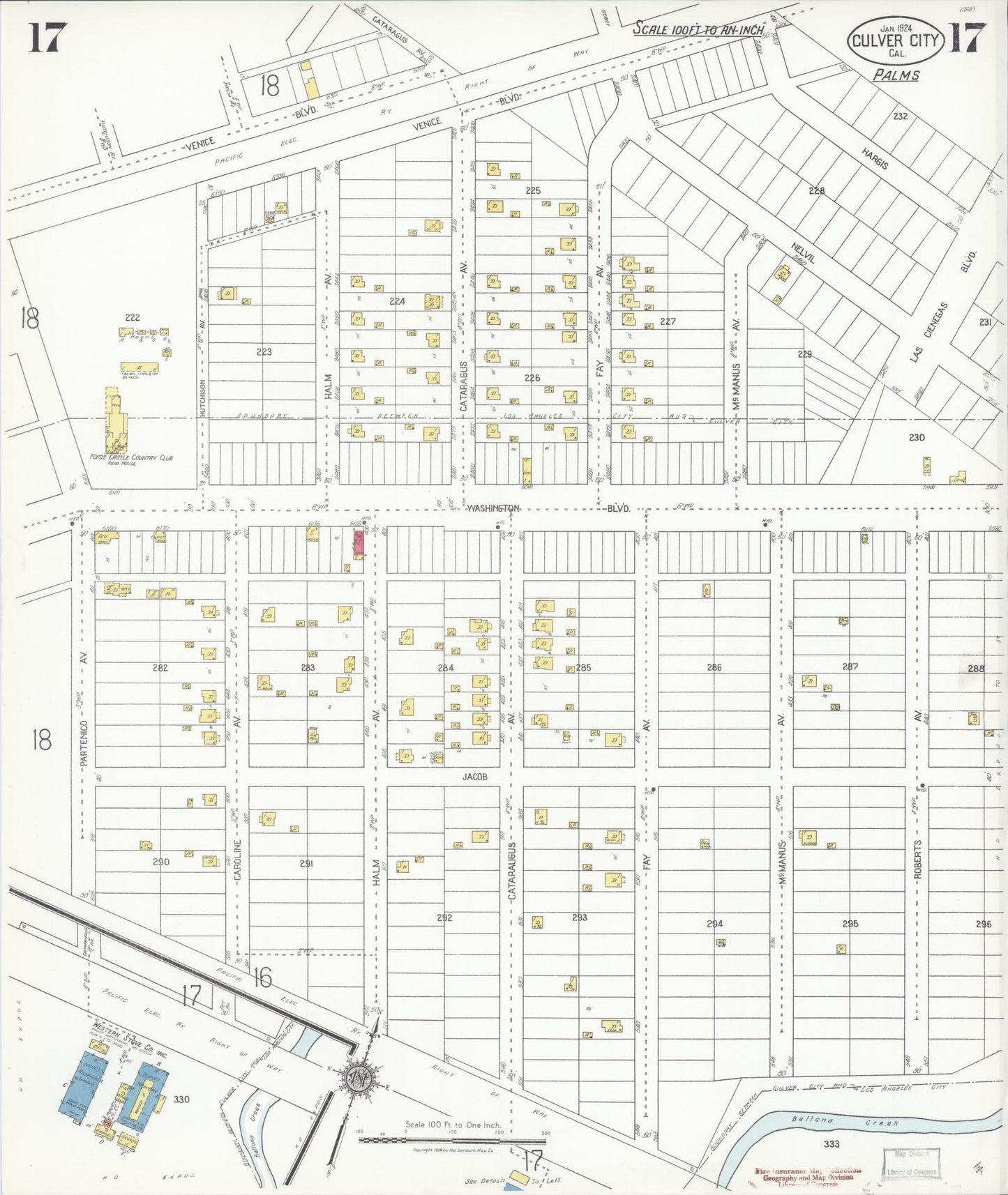 Sanborn Fire Insurance Map from Culver City, Los Angeles County, California (1924), Sheet #0017 - Historic Sanborn Fire Insurance Map Print, vintage old map wall art, antique decor, genealogy gift, California California map