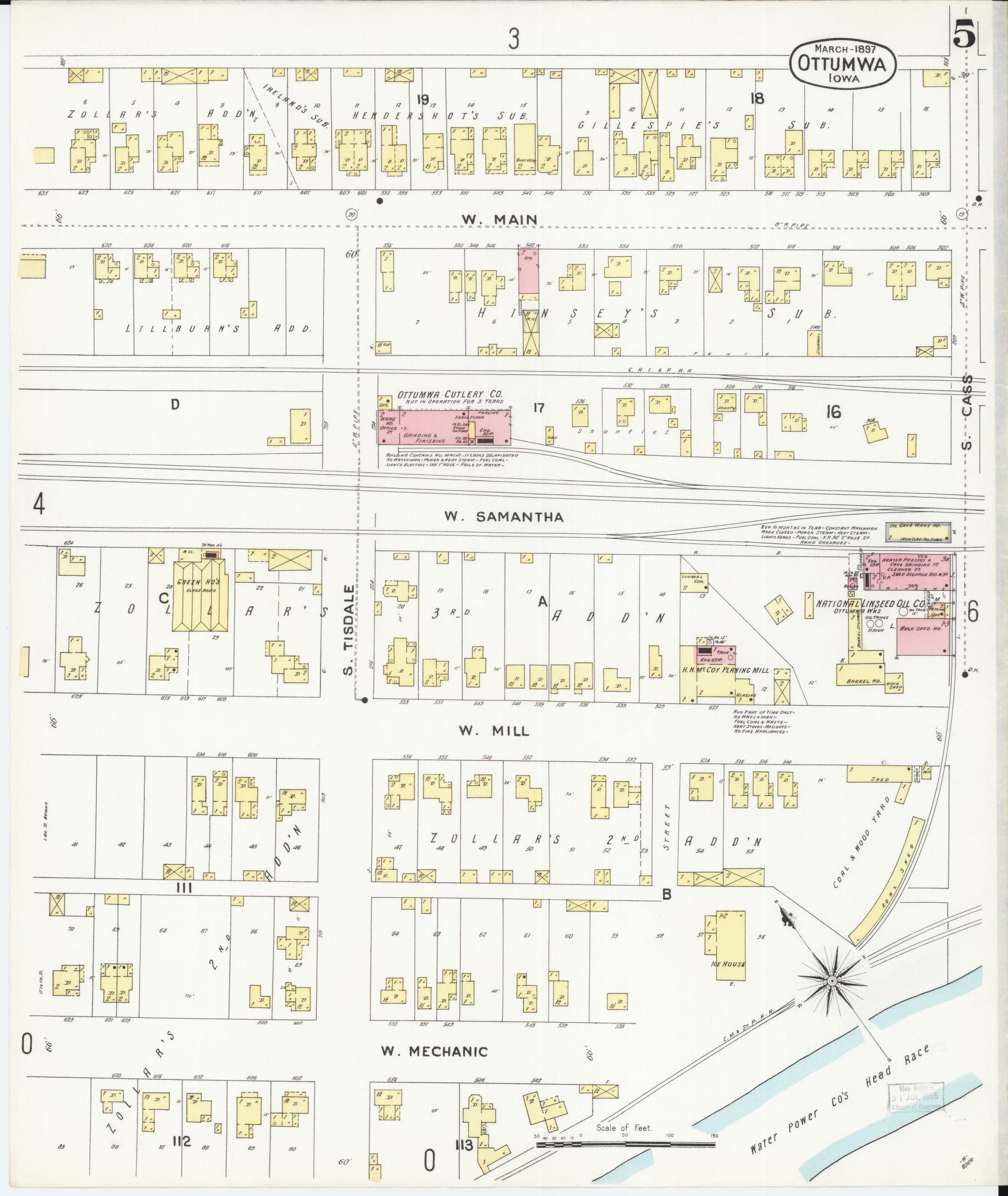 Sanborn Fire Insurance Map from Ottumwa, Wapello County, Iowa (1897), Sheet #0005 - Historic Sanborn Fire Insurance Map Print, vintage old map wall art