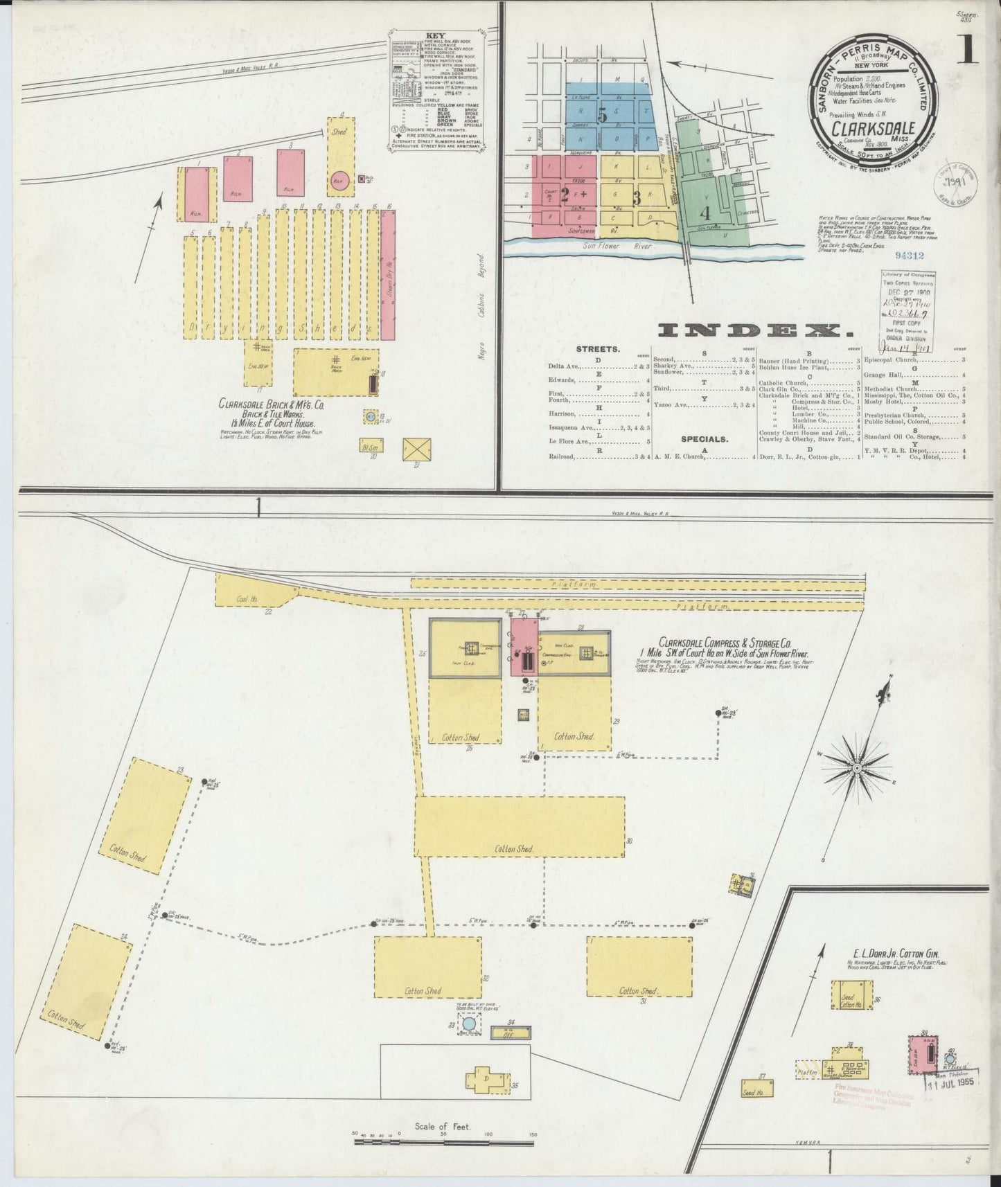Sanborn Fire Insurance Map from Clarksdale, Coahoma County, Mississippi (1900), Sheet #0001 - Historic Sanborn Fire Insurance Map Print, vintage old map wall art, antique decor, genealogy gift, Mississippi Mississippi map