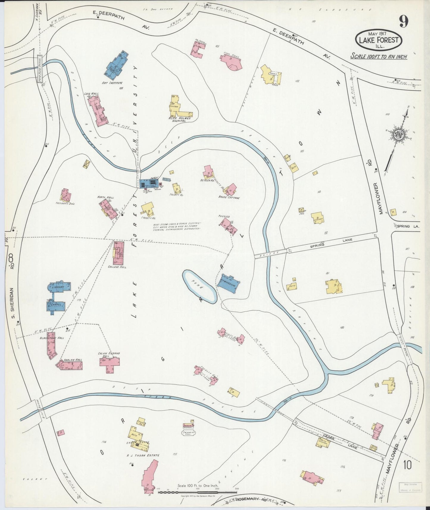 Sanborn Fire Insurance Map from Lake Forest, Lake County, Illinois (1917), Sheet #0009 - Complete Map Set gallery image, historic Sanborn map, vintage wall art, Illinois Illinois