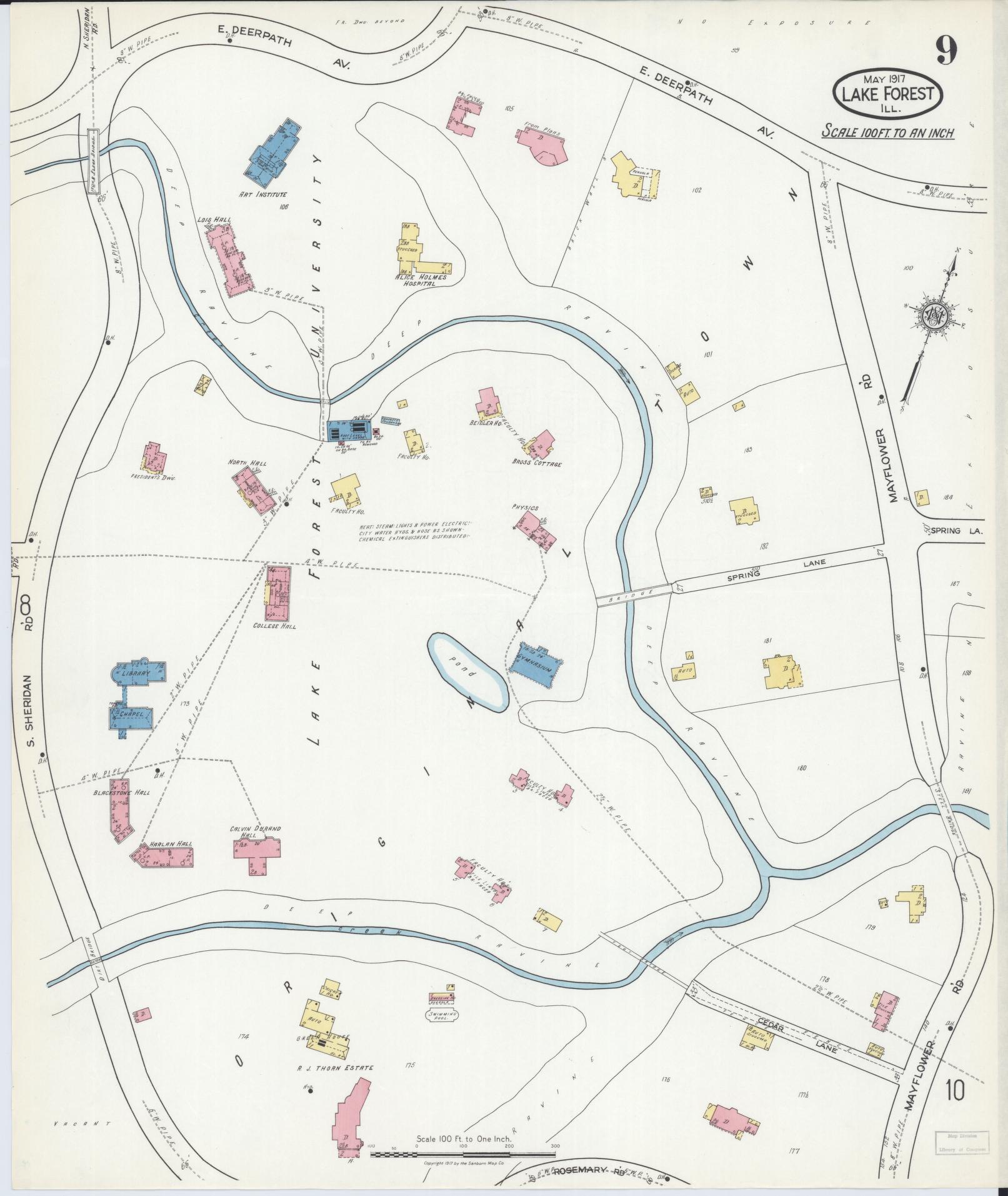 Sanborn Fire Insurance Map from Lake Forest, Lake County, Illinois (1917), Sheet #0009 - Complete Map Set gallery image, historic Sanborn map, vintage wall art, Illinois Illinois
