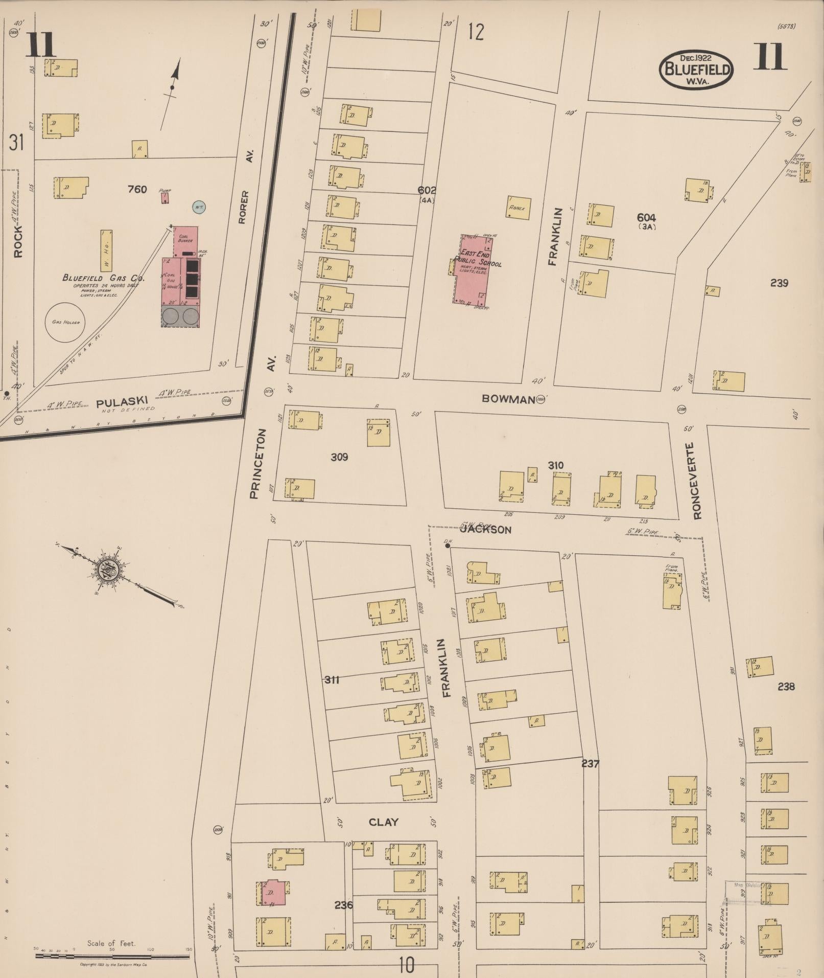 Sanborn Fire Insurance Map from Bluefield, Mercer County, West Virginia (1922), Sheet #0011 - Historic Sanborn Fire Insurance Map Print, vintage old map wall art, antique decor, genealogy gift, West Virginia West Virginia map