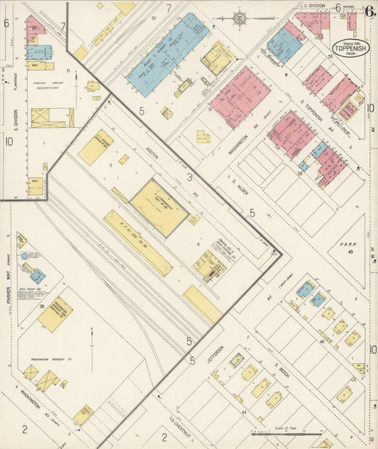 Sanborn Fire Insurance Map from Toppenish, Yakima County, Washington (1915), Sheet #0006 - Historic Sanborn Fire Insurance Map Print, vintage old map wall art, antique decor, genealogy gift, Washington Washington map