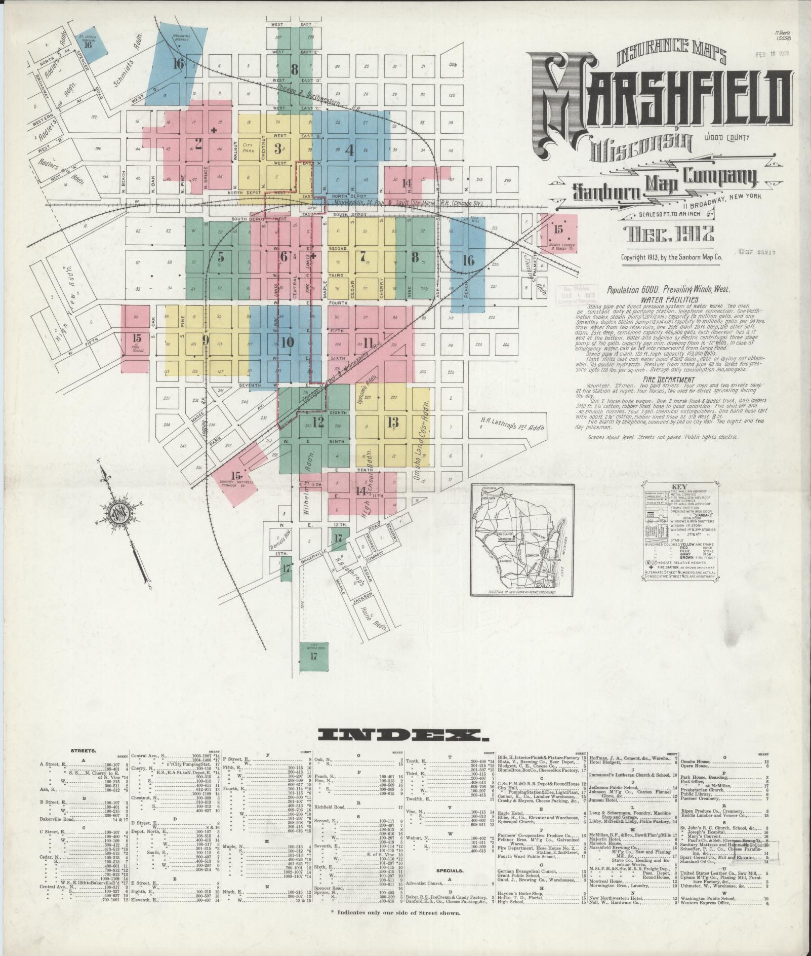 Sanborn Fire Insurance Map from Marshfield, Wood County, Wisconsin (1912), Sheet #0001 - Historic Sanborn Fire Insurance Map Print, vintage old map wall art, antique decor, genealogy gift, Wisconsin Wisconsin map