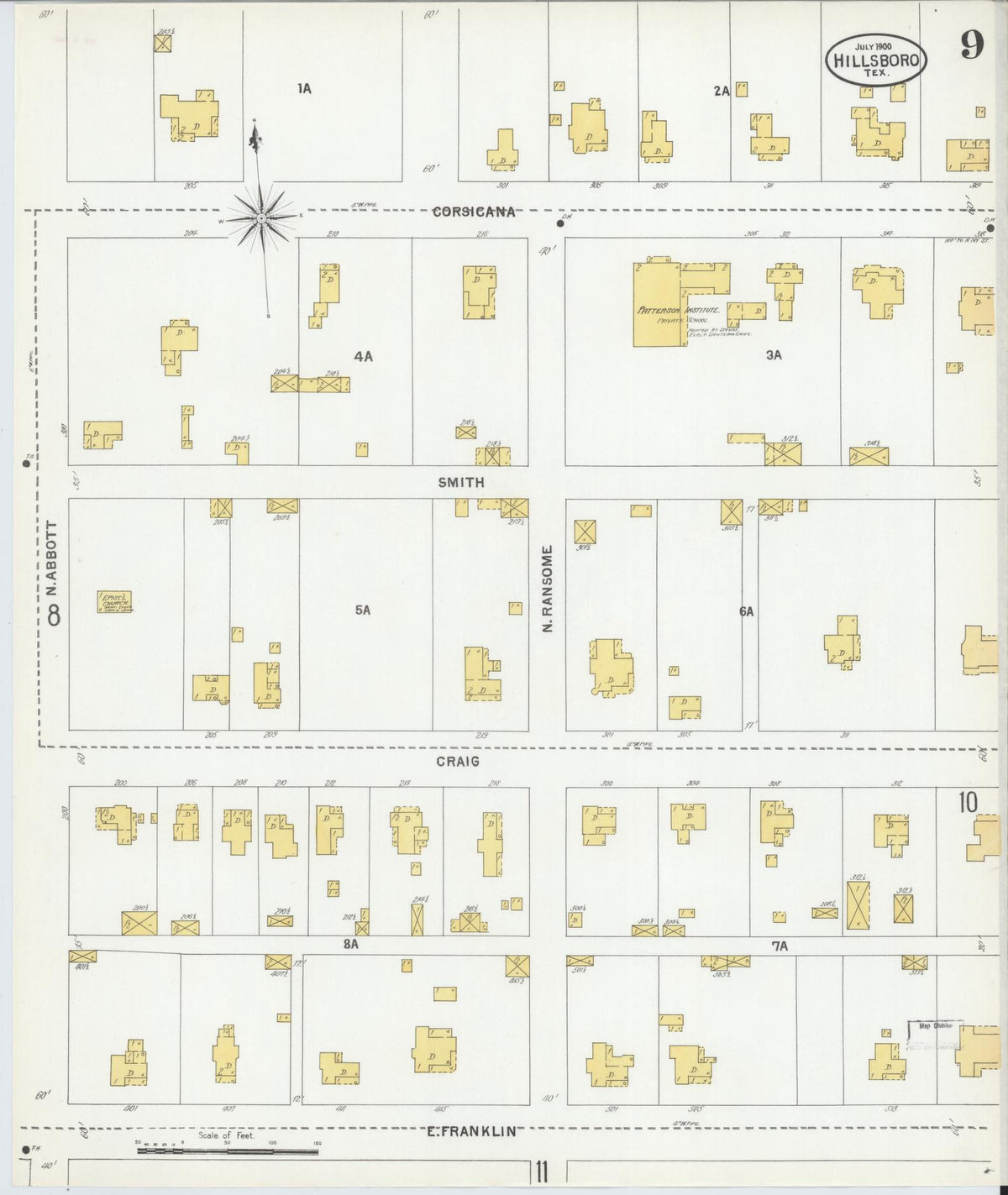 Sanborn Fire Insurance Map from Hillsboro, Hill County, Texas (1900), Sheet #0009 - Complete Map Set gallery image, historic Sanborn map, vintage wall art, Texas Texas