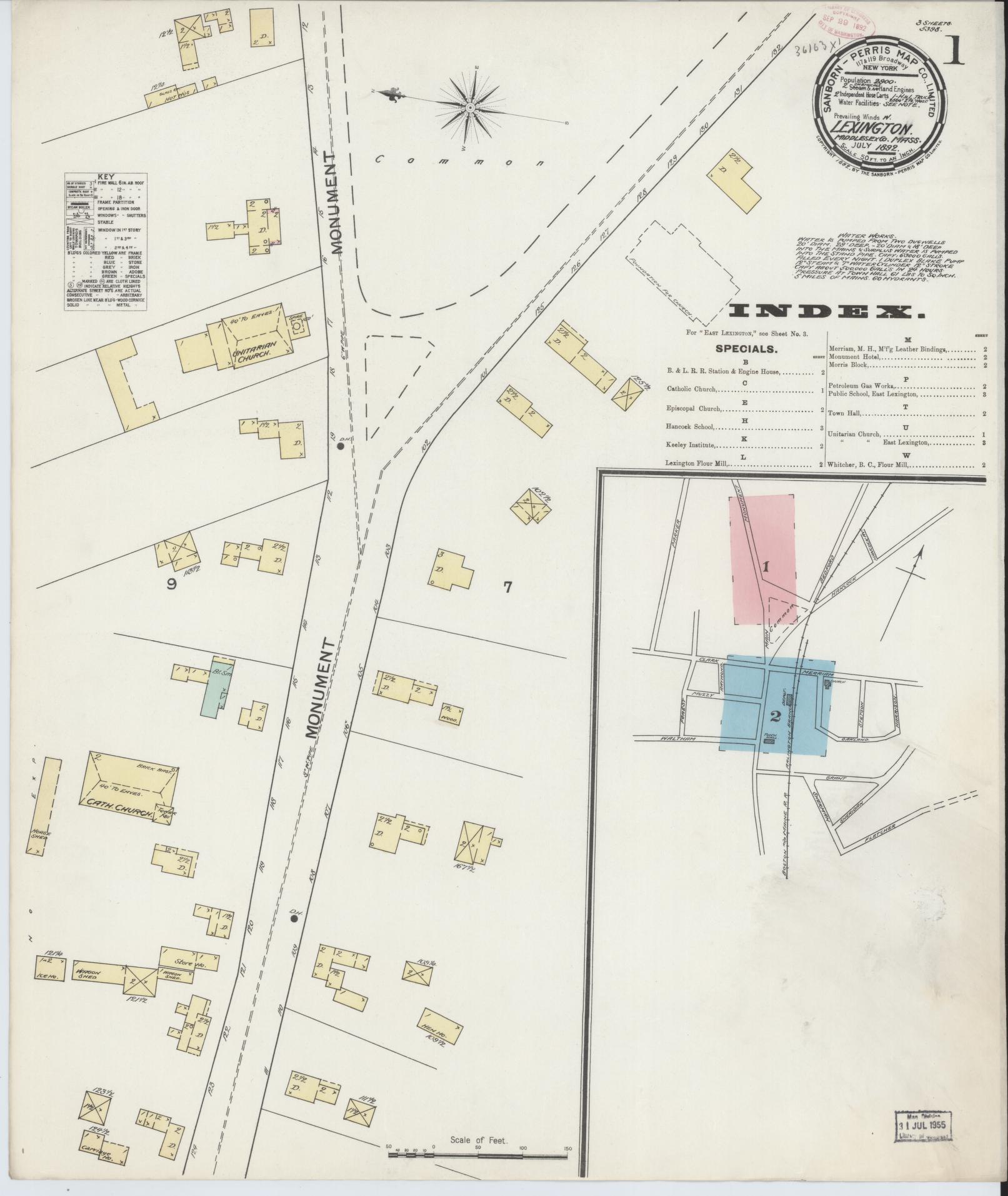 Sanborn Fire Insurance Map from Lexington, Middlesex County, Massachusetts (1892), Sheet #0001 - Historic Sanborn Fire Insurance Map Print, vintage old map wall art, antique decor, genealogy gift, Massachusetts Massachusetts map