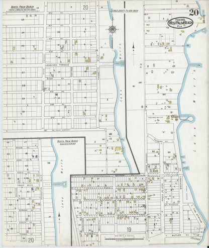 Sanborn Fire Insurance Map from West Palm Beach, Dade County, Florida (1920), Sheet #0020 - Historic Sanborn Fire Insurance Map Print, vintage old map wall art, antique decor, genealogy gift, Florida Florida map