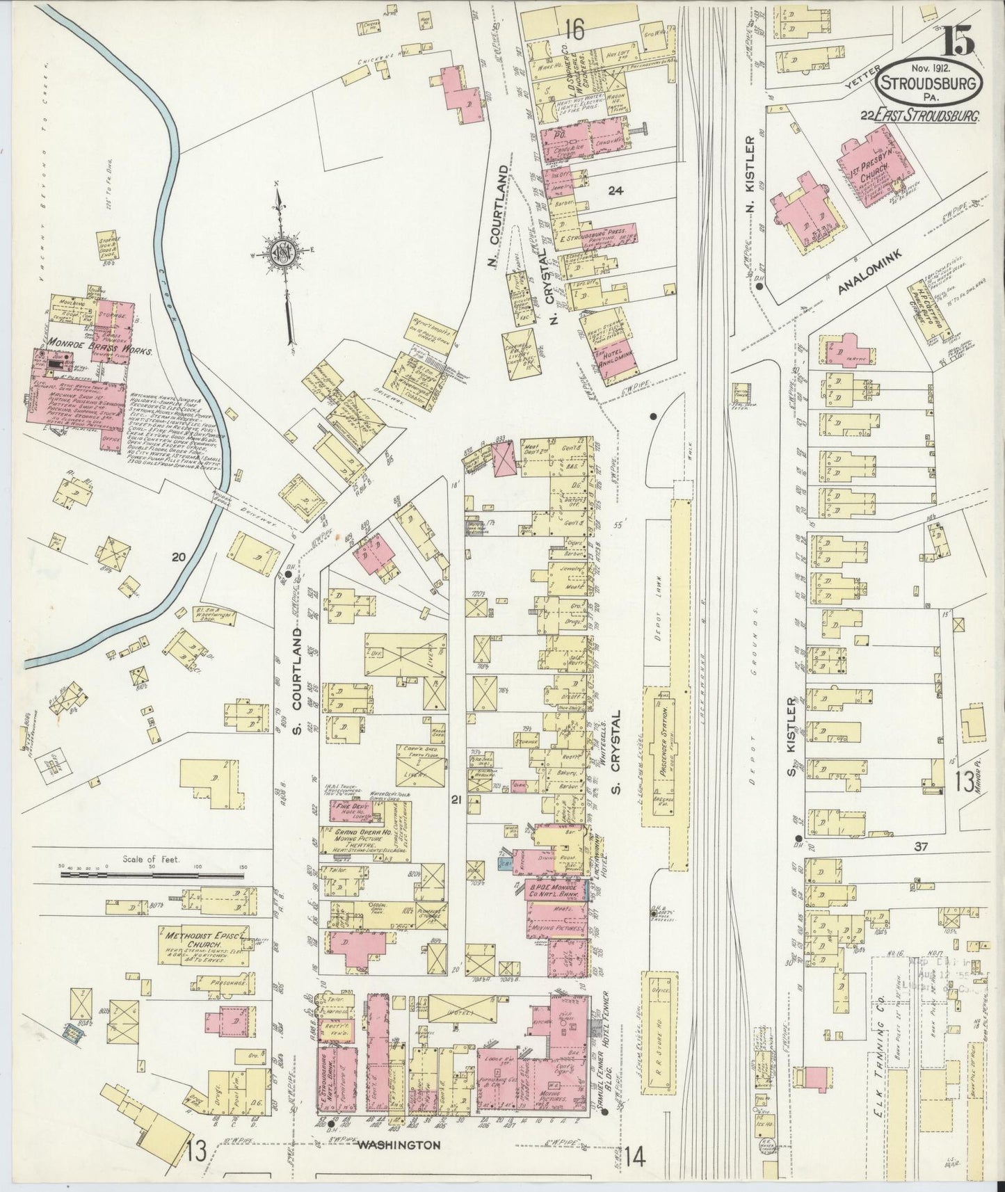 Sanborn Fire Insurance Map from Stroudsburg, Monroe County, Pennsylvania (1912), Sheet #0015 - Historic Sanborn Fire Insurance Map Print, vintage old map wall art, antique decor, genealogy gift, Pennsylvania Pennsylvania map