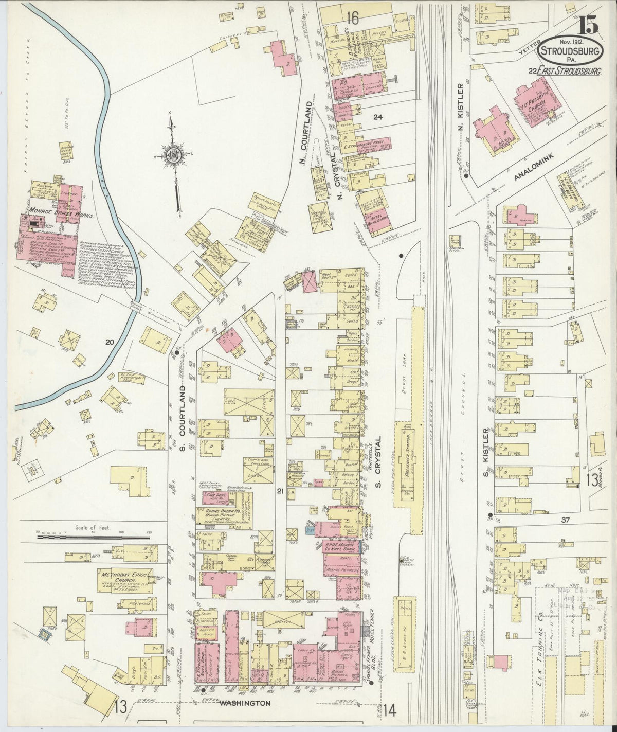 Sanborn Fire Insurance Map from Stroudsburg, Monroe County, Pennsylvania (1912), Sheet #0015 - Historic Sanborn Fire Insurance Map Print, vintage old map wall art, antique decor, genealogy gift, Pennsylvania Pennsylvania map