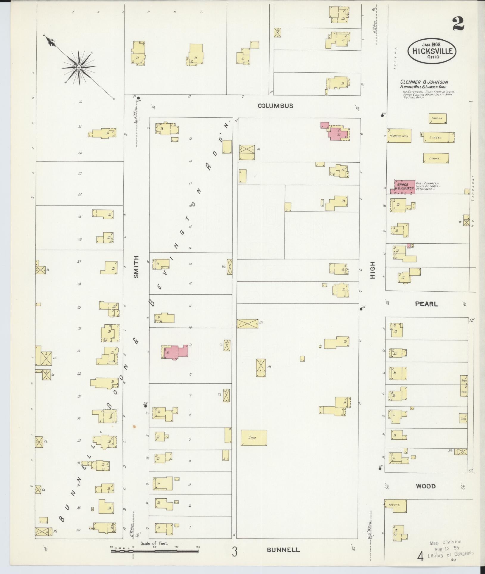 Sanborn Fire Insurance Map from Hicksville, Defiance County, Ohio (1908), Sheet #0002 - Historic Sanborn Fire Insurance Map Print, vintage old map wall art, antique decor, genealogy gift, Ohio Ohio map