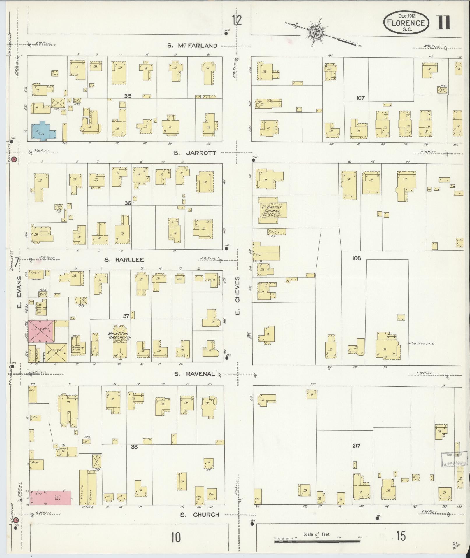 Sanborn Fire Insurance Map from Florence, Florence County, South Carolina (1912), Sheet #0011 - Historic Sanborn Fire Insurance Map Print, vintage old map wall art, antique decor, genealogy gift, South Carolina South Carolina map