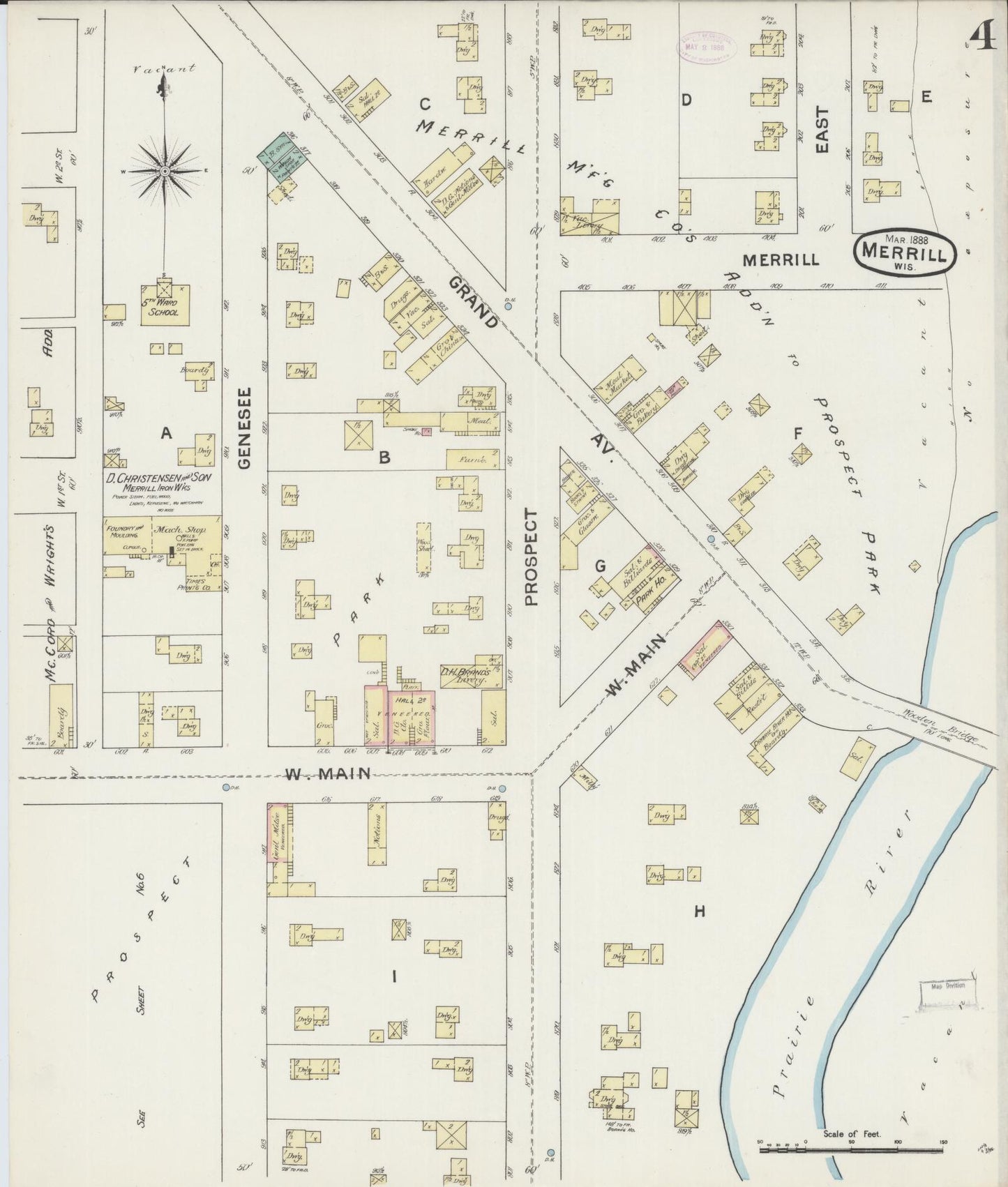 Sanborn Fire Insurance Map from Merrill, Lincoln County, Wisconsin (1888), Sheet #0004 - Historic Sanborn Fire Insurance Map Print, vintage old map wall art, antique decor, genealogy gift, Wisconsin Wisconsin map