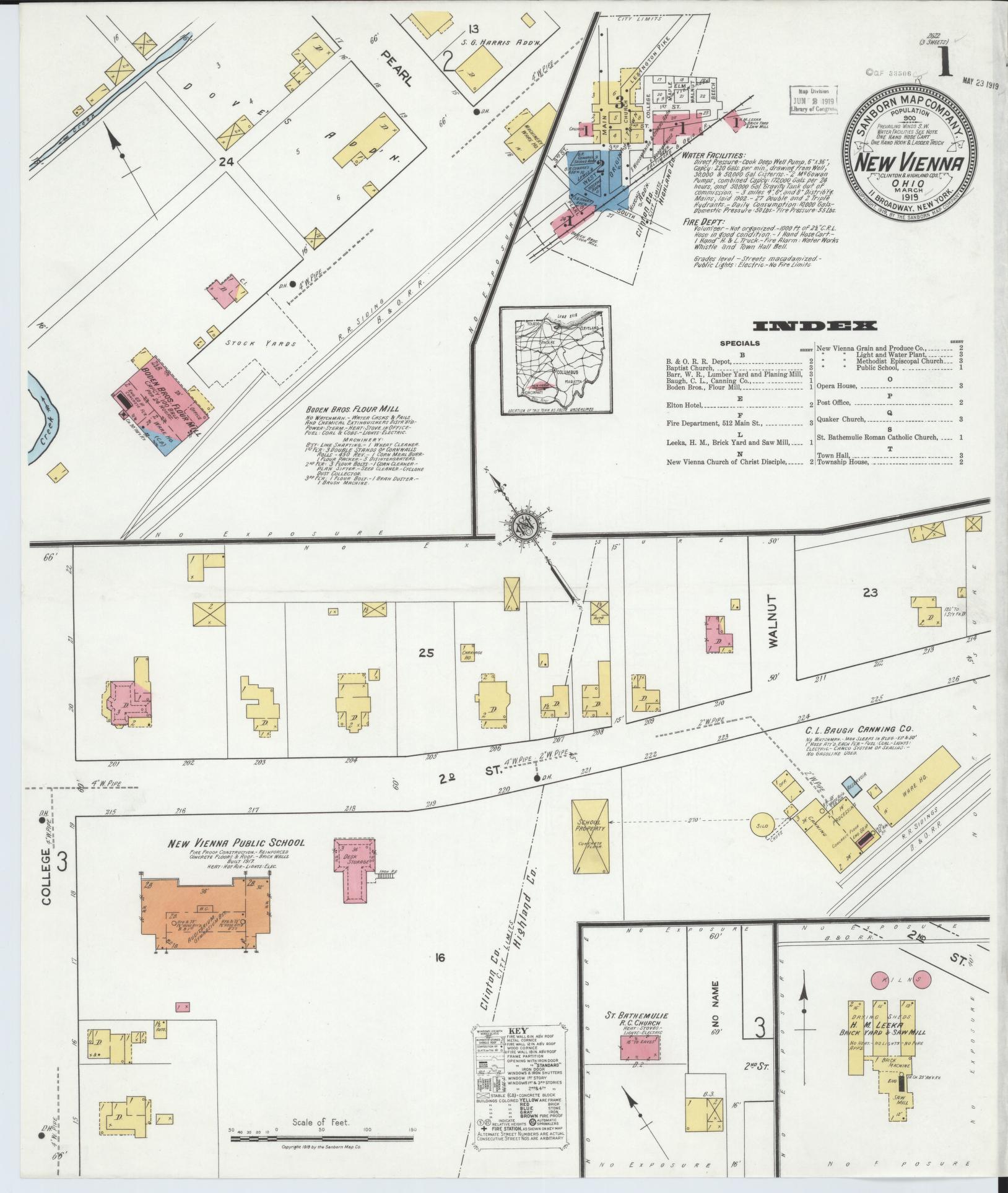 Sanborn Fire Insurance Map from New Vienna, Clinton County, Ohio (1919), Sheet #0001 - Historic Sanborn Fire Insurance Map Print, vintage old map wall art, antique decor, genealogy gift, Ohio Ohio map