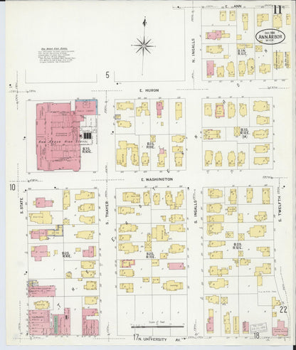 Sanborn Fire Insurance Map from Ann Arbor, Washtenaw County, Michigan (1908), Sheet #0011 - Complete Map Set gallery image, historic Sanborn map, vintage wall art, Michigan Michigan