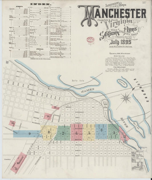 Sanborn Fire Insurance Map from Manchester, Chesterfield County, Virginia (1895), Sheet #0001 - Historic Sanborn Fire Insurance Map Print, vintage old map wall art, antique decor, genealogy gift, Virginia Virginia map