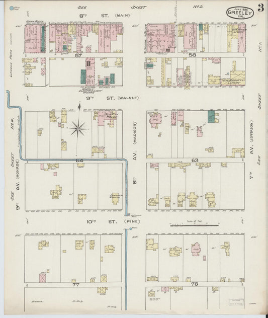 Sanborn Fire Insurance Map from Greeley, Weld County, Colorado (1886), Sheet #0003 - Historic Sanborn Fire Insurance Map Print, vintage old map wall art, antique decor, genealogy gift, Colorado Colorado map