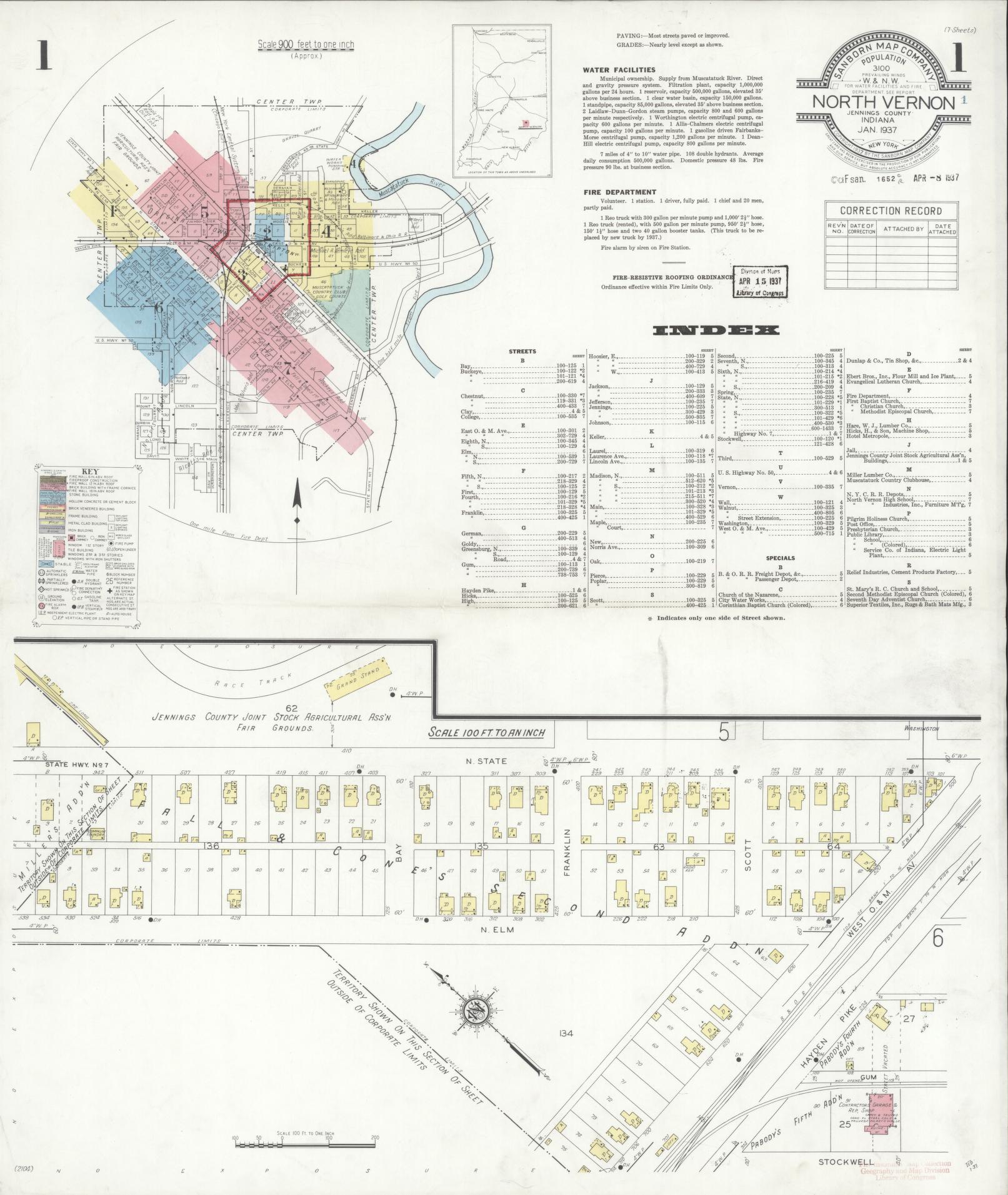 Sanborn Fire Insurance Map from North Vernon, Jennings County, Indiana (1937), Sheet #0001 - Complete Map Set gallery image, historic Sanborn map, vintage wall art, Indiana Indiana
