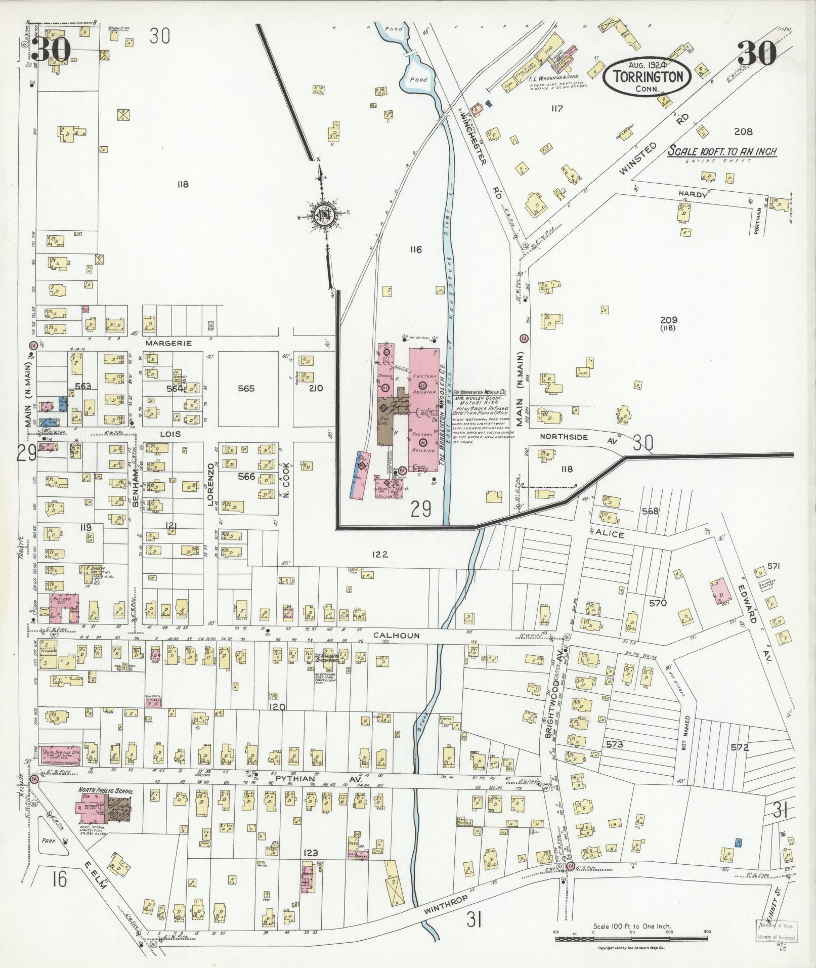 Sanborn Fire Insurance Map from Torrington, Litchfield County, Connecticut (1924), Sheet #0030 - Historic Sanborn Fire Insurance Map Print, vintage old map wall art, antique decor, genealogy gift, Connecticut Connecticut map