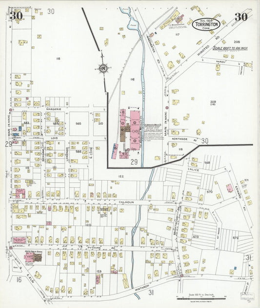 Sanborn Fire Insurance Map from Torrington, Litchfield County, Connecticut (1924), Sheet #0030 - Historic Sanborn Fire Insurance Map Print, vintage old map wall art, antique decor, genealogy gift, Connecticut Connecticut map