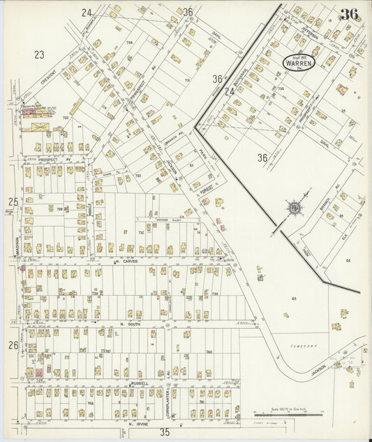 Sanborn Fire Insurance Map from Warren, Warren County, Pennsylvania (1912), Sheet #0036 - Historic Sanborn Fire Insurance Map Print, vintage old map wall art, antique decor, genealogy gift, Pennsylvania Pennsylvania map