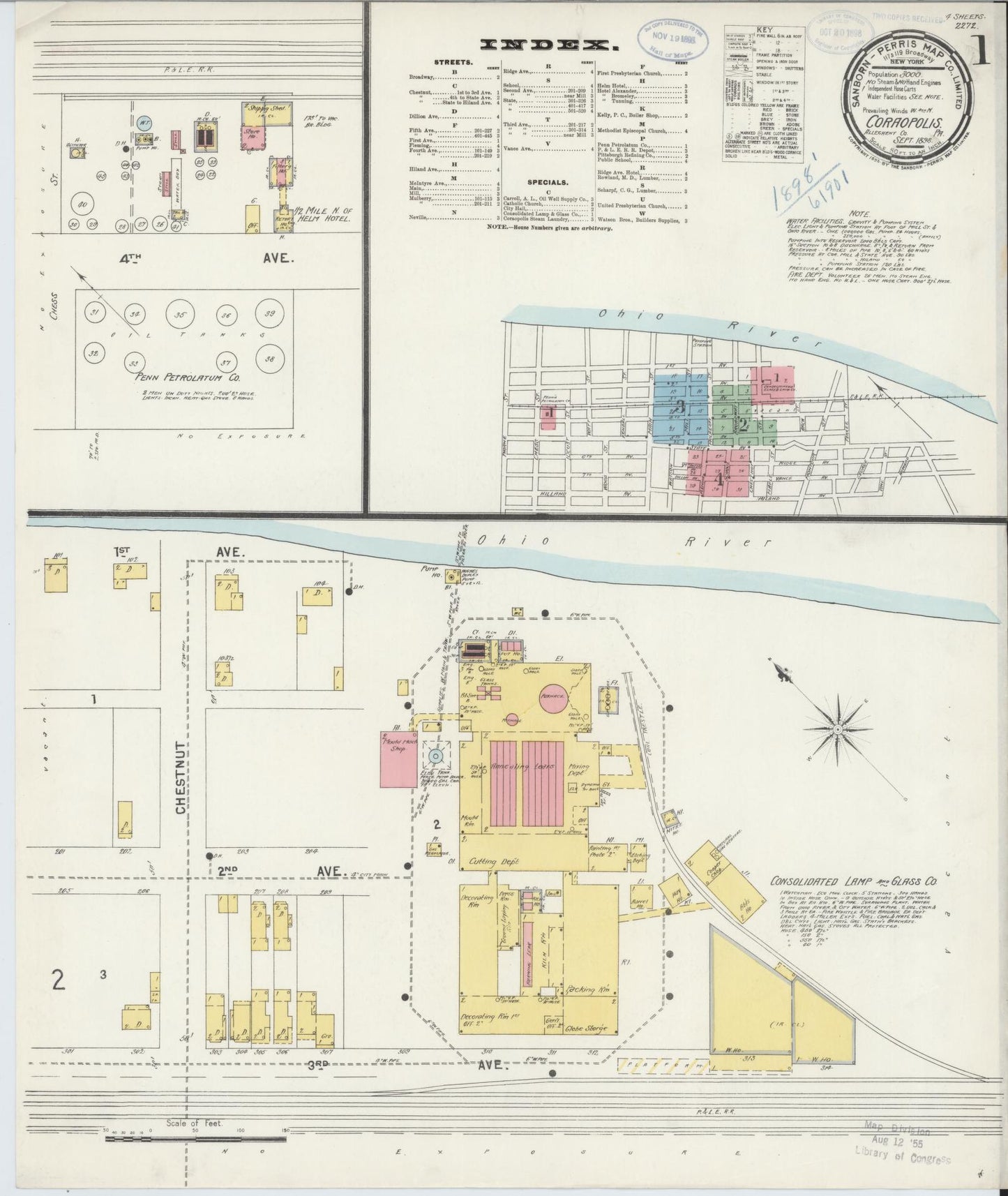 Sanborn Fire Insurance Map from Coraopolis, Allegheny County, Pennsylvania (1898), Sheet #0001 - Historic Sanborn Fire Insurance Map Print, vintage old map wall art, antique decor, genealogy gift, Pennsylvania Pennsylvania map