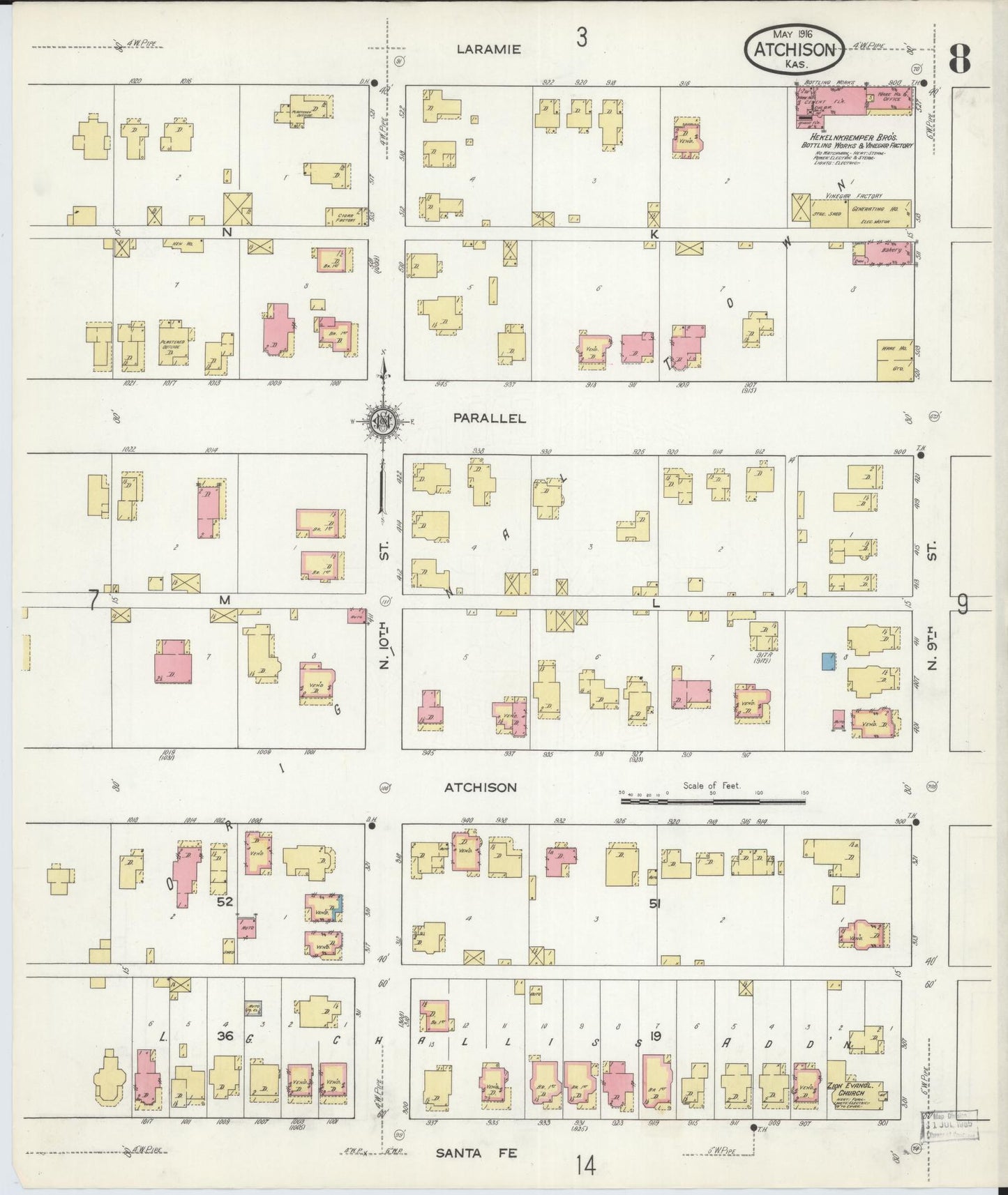 Sanborn Fire Insurance Map from Atchison, Atchison County, Kansas (1916), Sheet #0008 - Historic Sanborn Fire Insurance Map Print, vintage old map wall art, antique decor, genealogy gift, Kansas Kansas map