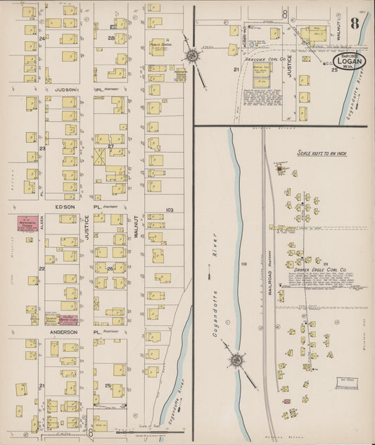 Sanborn Fire Insurance Map from Logan, Logan County, West Virginia (1922), Sheet #0008 - Historic Sanborn Fire Insurance Map Print, vintage old map wall art, antique decor, genealogy gift, West Virginia West Virginia map