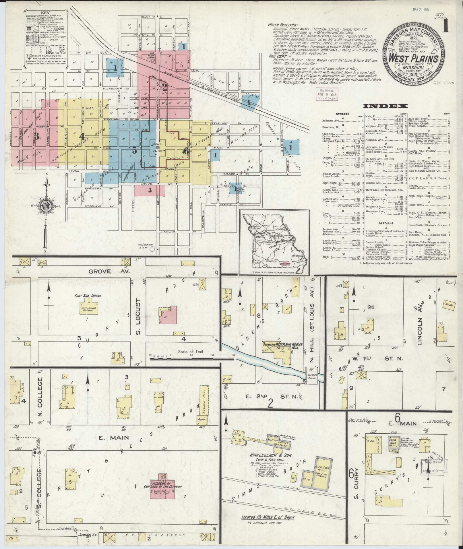 Sanborn Fire Insurance Map from West Plains, Howell County, Missouri (1914), Sheet #0001 - Historic Sanborn Fire Insurance Map Print, vintage old map wall art, antique decor, genealogy gift, Missouri Missouri map