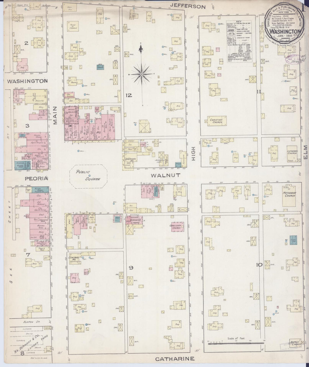 Sanborn Fire Insurance Map from Washington, Tazewell County, Illinois (1886), Sheet #0001 - Historic Sanborn Fire Insurance Map Print, vintage old map wall art, antique decor, genealogy gift, Illinois Illinois map